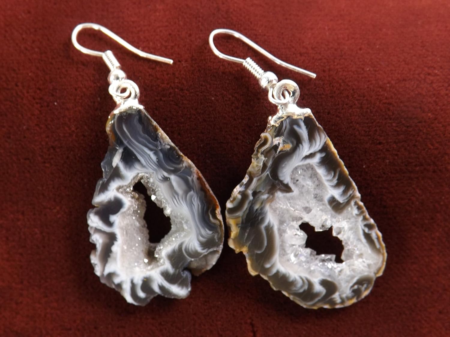 Agate Geode Gemstone Earrings, Stone Slice w/Druzy Crystals Center, 1-1.5 inch Dangle, Natural Edge, in Gift Box