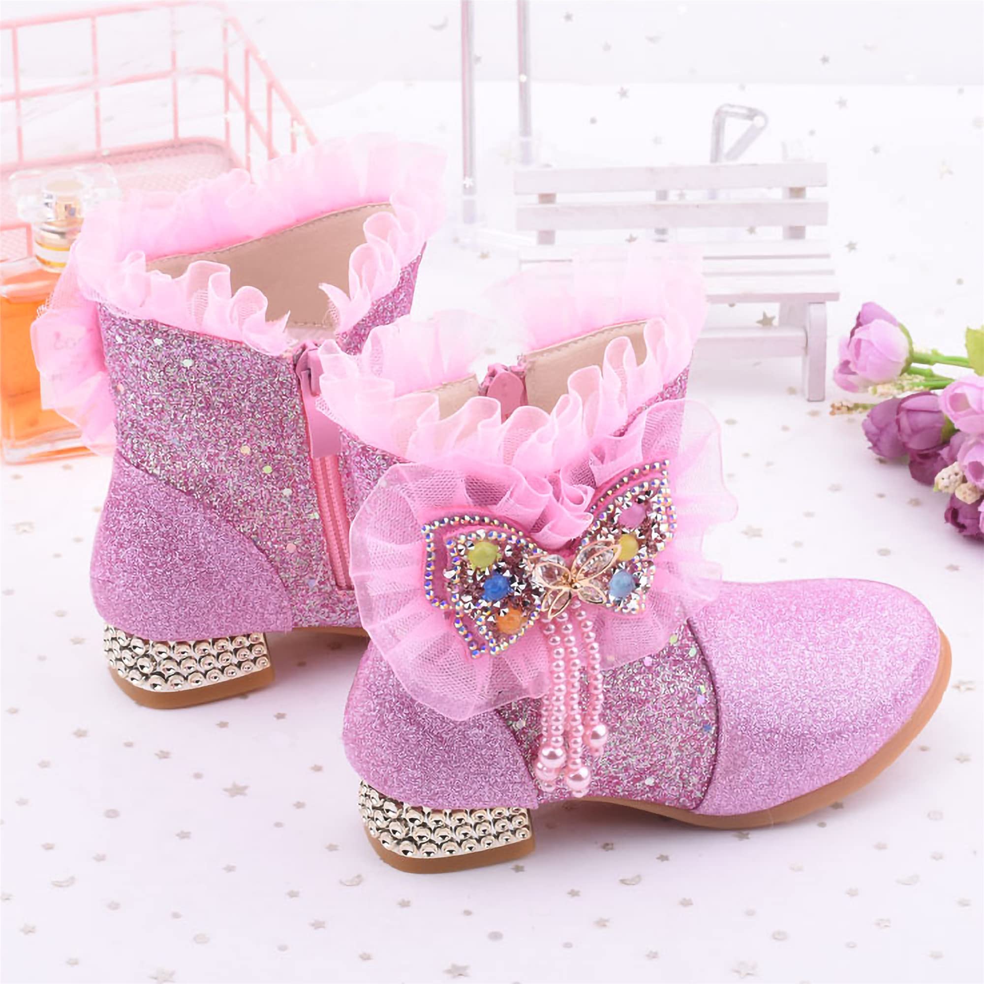 New front Scarponcini Bambina Stivali Bambina Invernali Bambina e Ragazze Carino Stivali da Neve con Tacco Stivali da Principessa Eleganti Blu Rosa Taglie 27-38