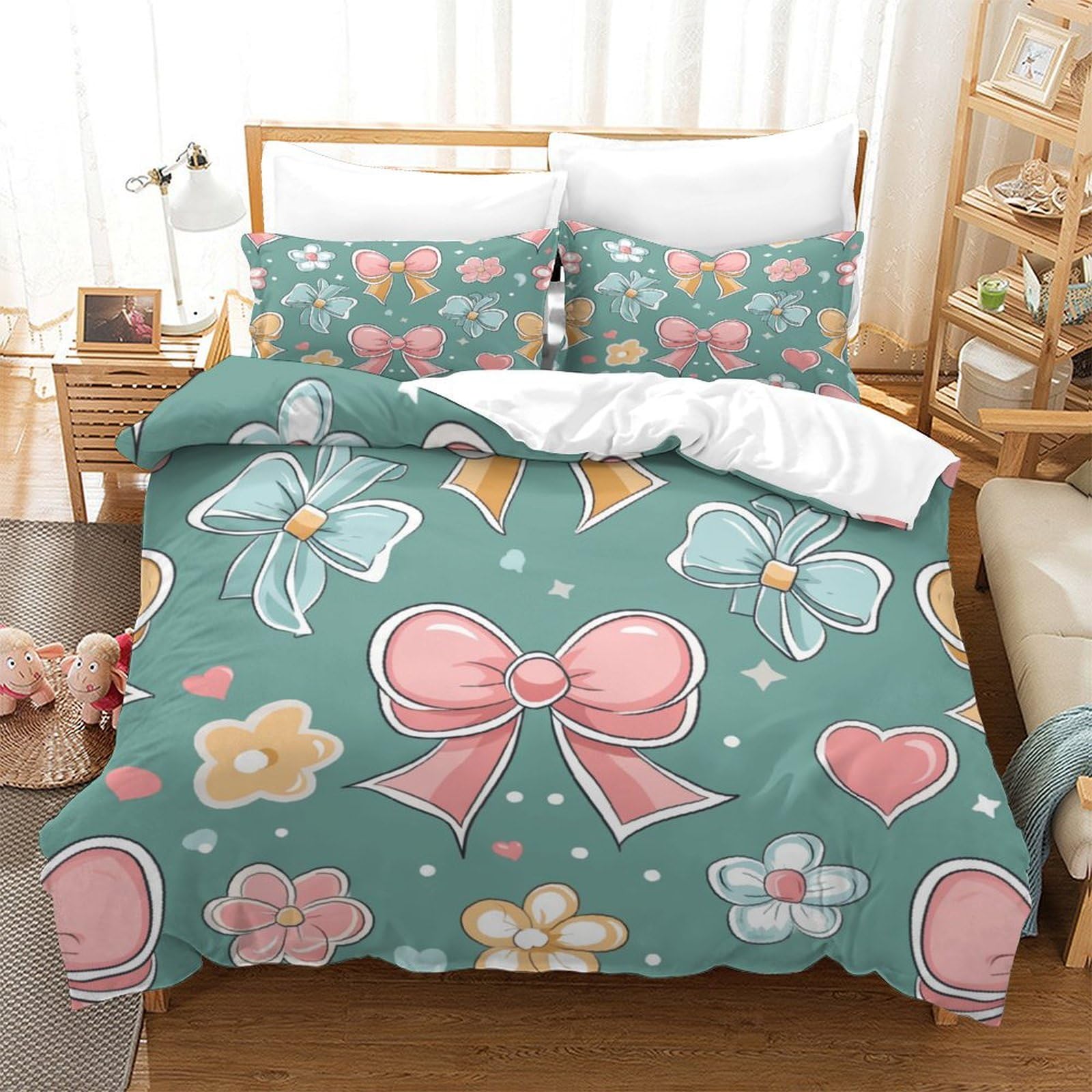 P1S9U7W5Y Lovely Bowknot 3D Printed Duvet Cover Set 3pcs Microfiber Floral Bedding Set Single（140x200cm）