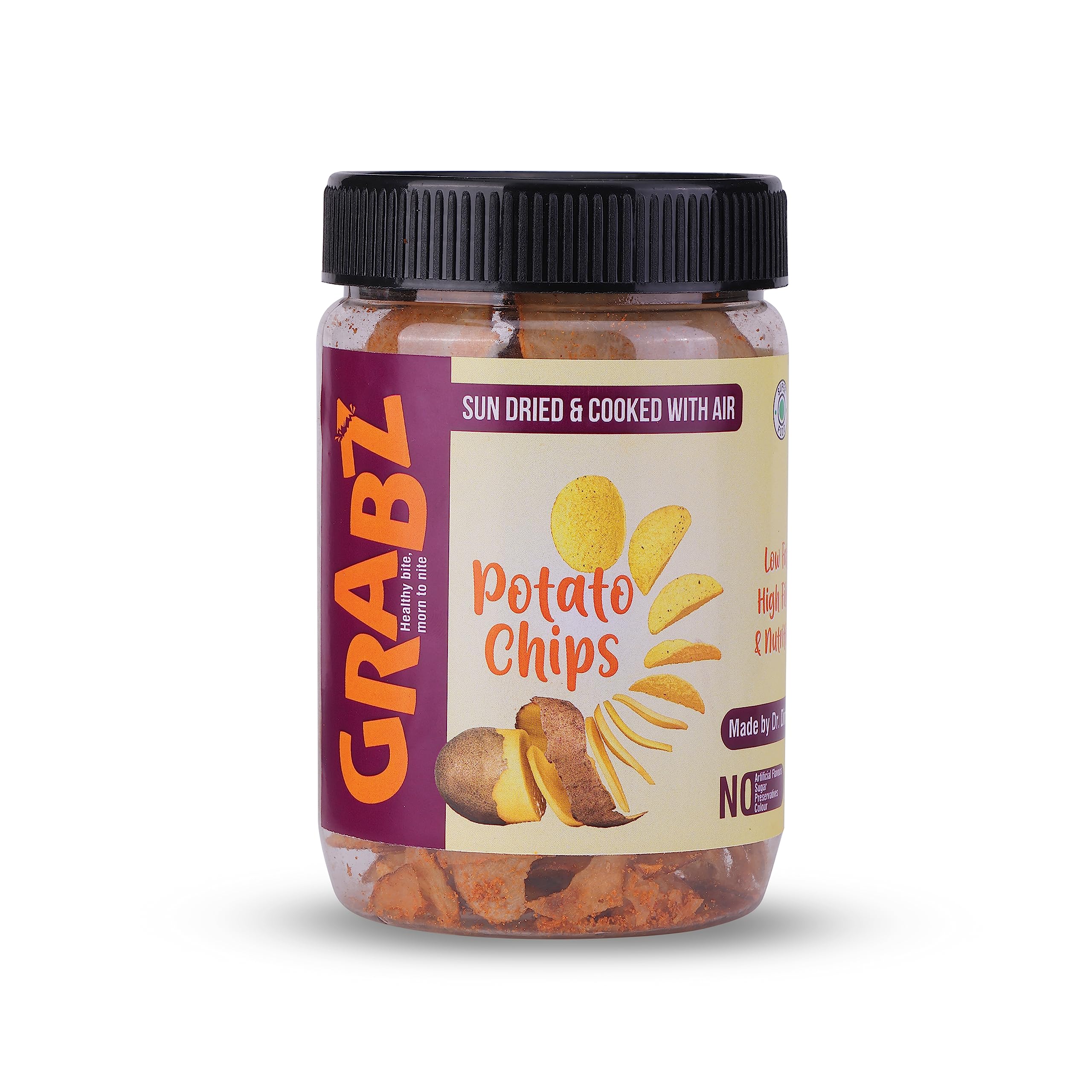 GRABZ,DEHYDRATED,COOKED WITH AIR,POTATO CHIPS 45 GRAMS 2 JARS (Garlic)