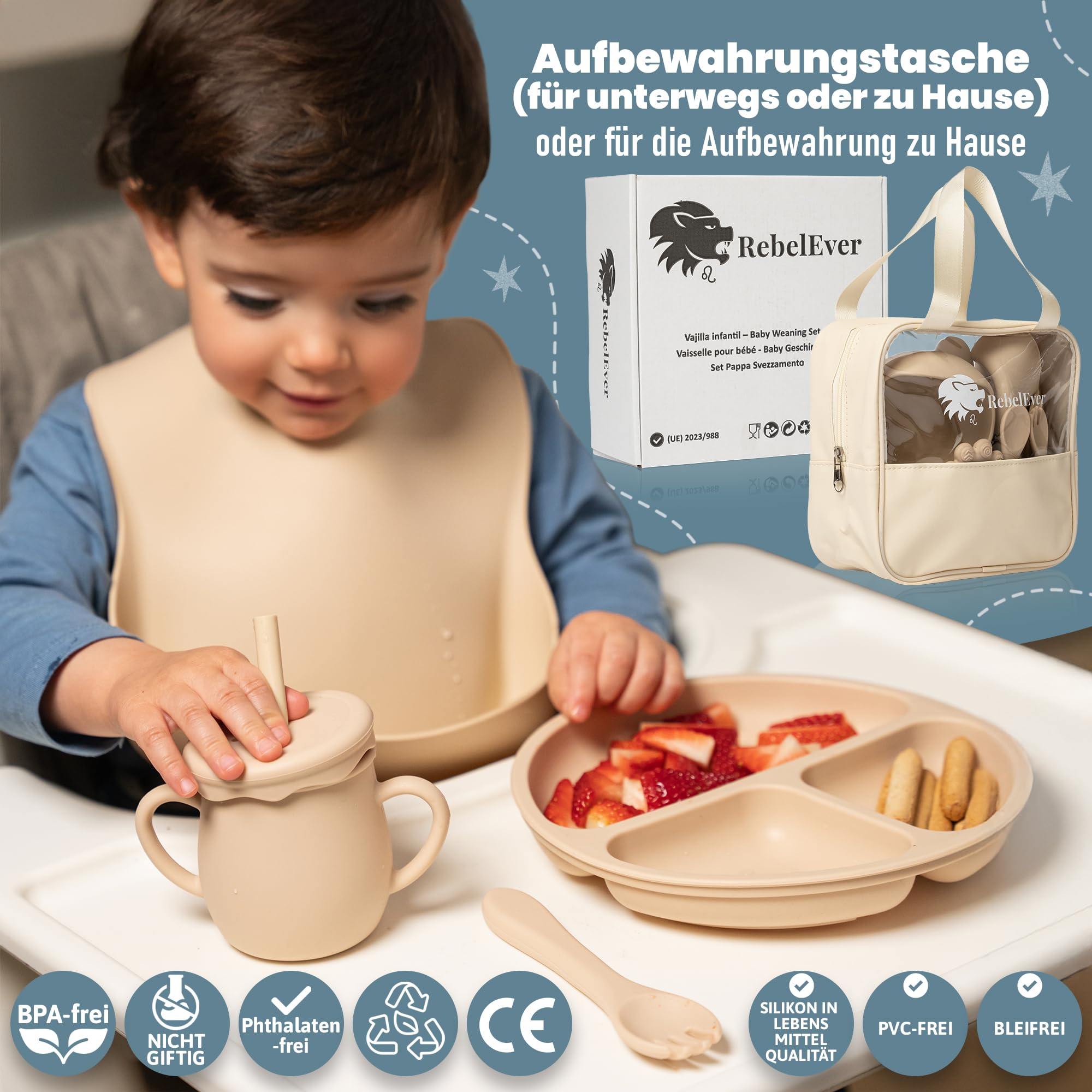 Kindergeschirr set aus Silikon mit Transport oder Aufbewahrungstasche - Kinderbesteck ab 1 jahr - Beikost baby zubehör - Fruchtsauger Baby - Esslernlöffel Baby mit Squeeze Flasche