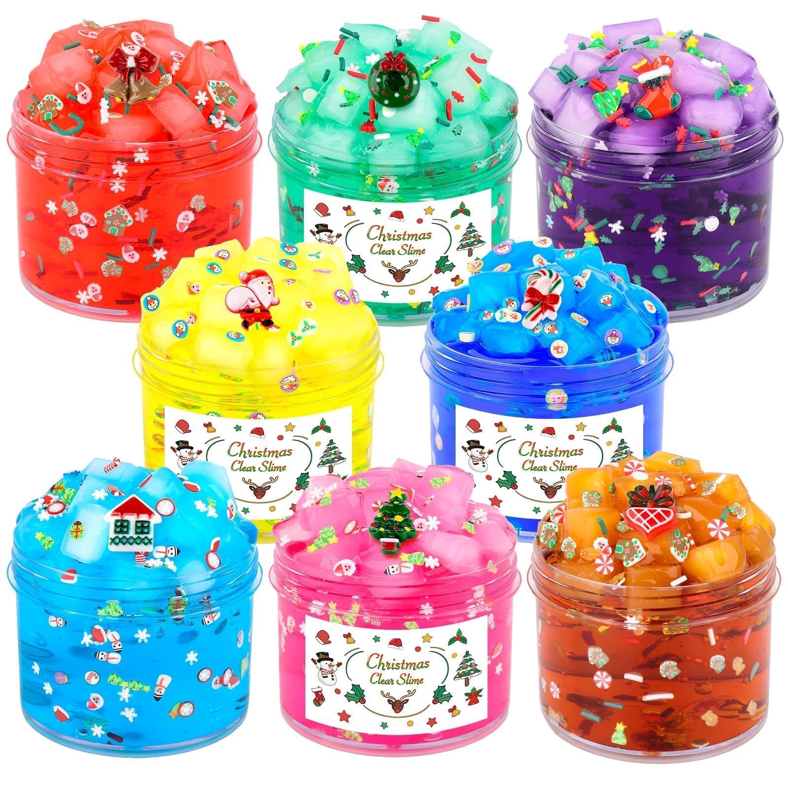 8 Pack Clear Slime kit, Jelly Cube Slime Party Favor, Crunchy Crystal Valentine's Day Slime for Girls and Boys, DIY Birthday Boba Slime for Kids, Cute Charms Stress Relief Slime Toys, Soft Non-Sticky