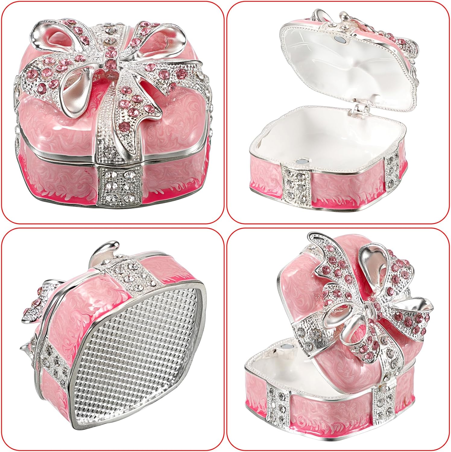 ELLDOO Mini Trinket Box, Bow-knot Gift Box Style Hinged Jewelry Box Vintage Metal Enameled Decorative Box Ring Earrings Jewelry Organizer Square Gift Box for Women Girls, Pink - Image 4