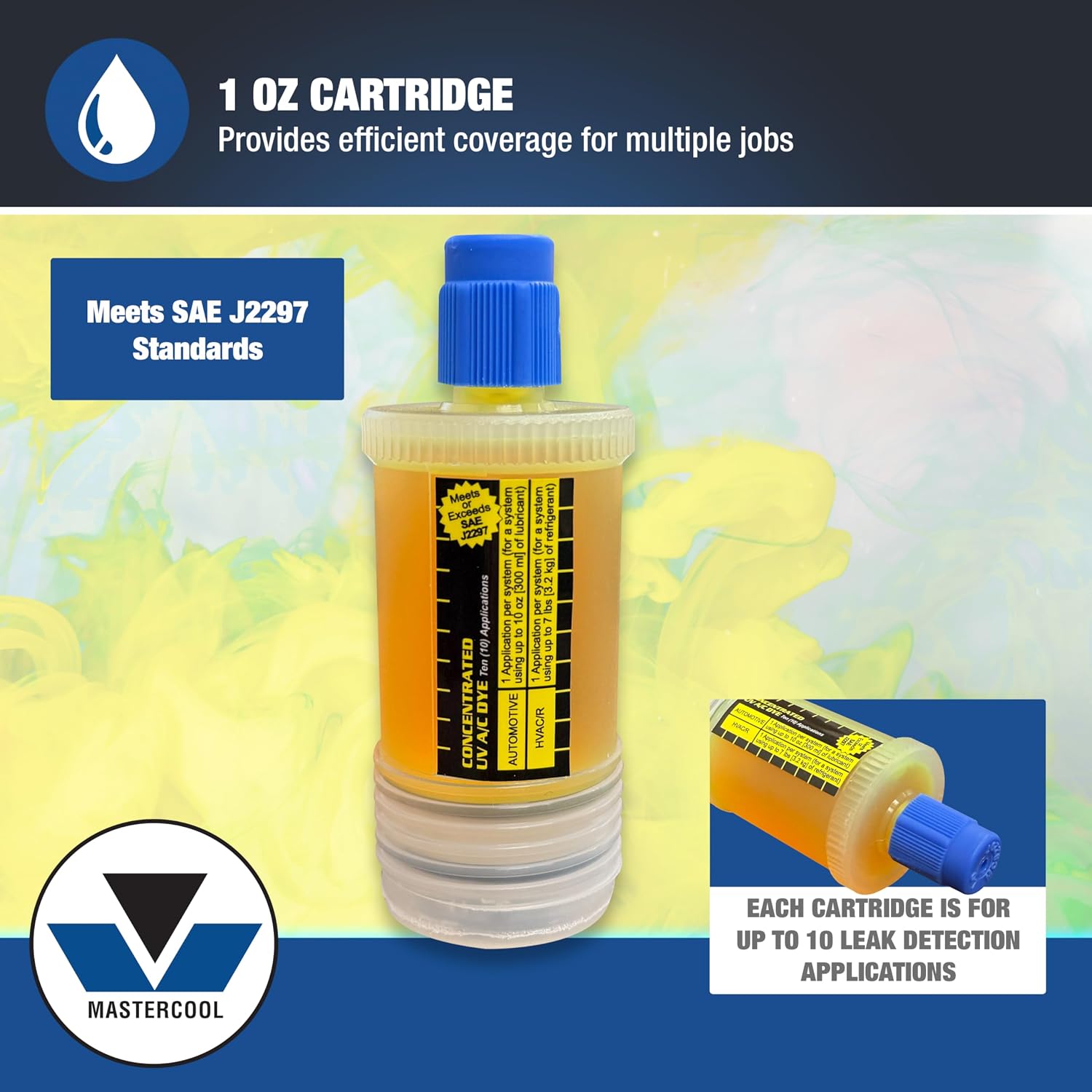 Mastercool 53810 UV Leak Detection Dye Cartridge – 1 oz, Standard Formula, Up to 10 Applications – R-134a, R-1234yf, R-12, R-22