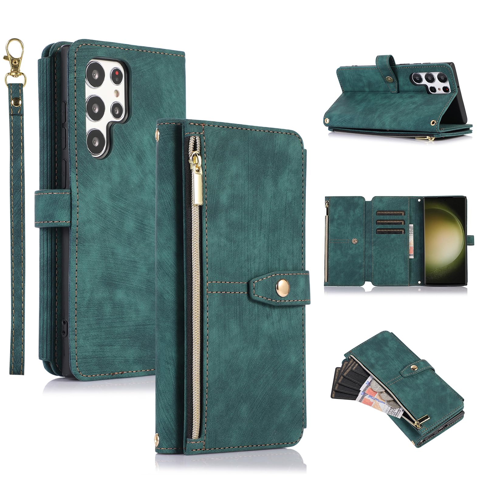 UEEBAI Wallet Case for Samsung Galaxy S25 Ultra 5G, 9 Card Holder Slots Zipper Pocket Handbag Case Magnetic Closure Kickstand with Wrist Strap TPU Shockproof Flip Case for Women - Retro Green