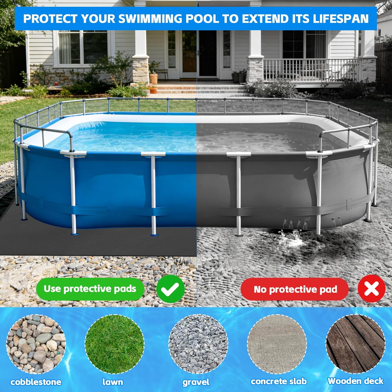 11 * 7.5 FT Rectangular Pool Liner Pad for Above Ground Swimming Pools - Protects Pool Liner Outdoor Pool Mat for Pool Bottom Liner Protector to Prevent Punctures Extend Liner Life