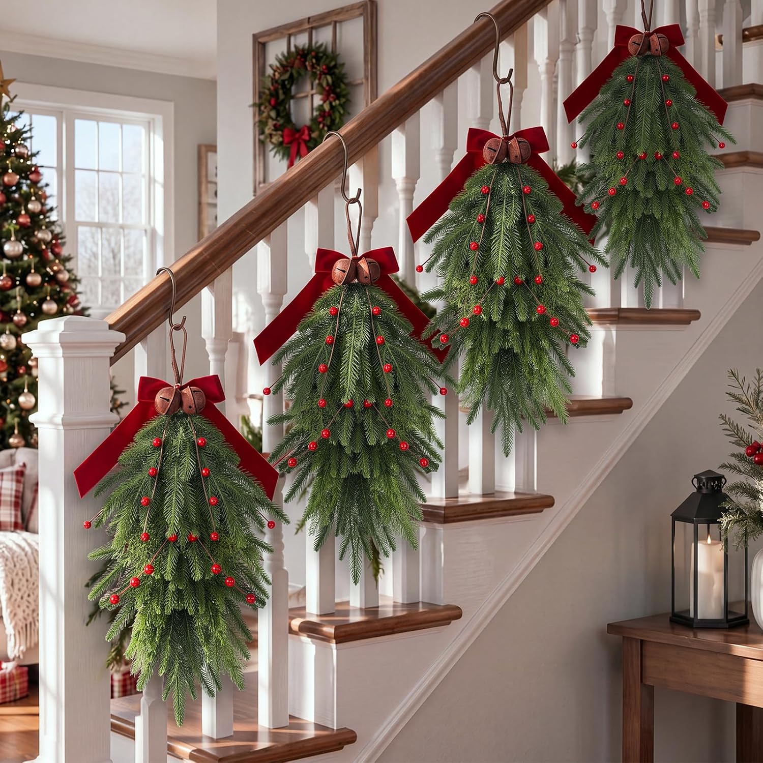 Sureio 4 Pack 20 Inch Christmas Teardrop Swags Christmas Hanging Decorations with Red Burlap Bows Berries Rusty Bells Artificial Pine Swags Greenery Wreath for Front Door Stair Mantel Xmas Decor