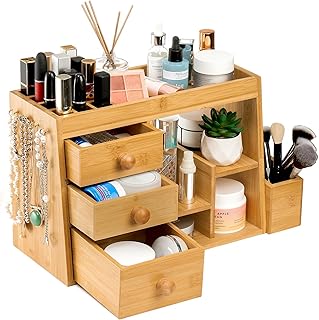 Elsjoy Large Countertop Bamboo Makeup Organizer with 3 Drawers, 12-Grid ...