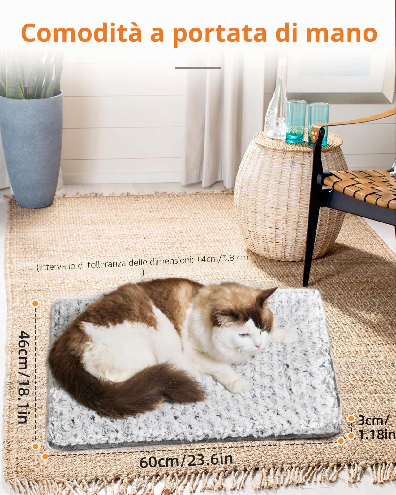 Papettly Tappetino Riscaldante per Gatti-60 x 46CM Coperta Autoriscaldante Gatto，3CM Spessore Doppio Lato Copertina Gatto Interno Esterno，Lavabile in Lavatrice Tappeto Autoriscaldante per Gatti e Cani