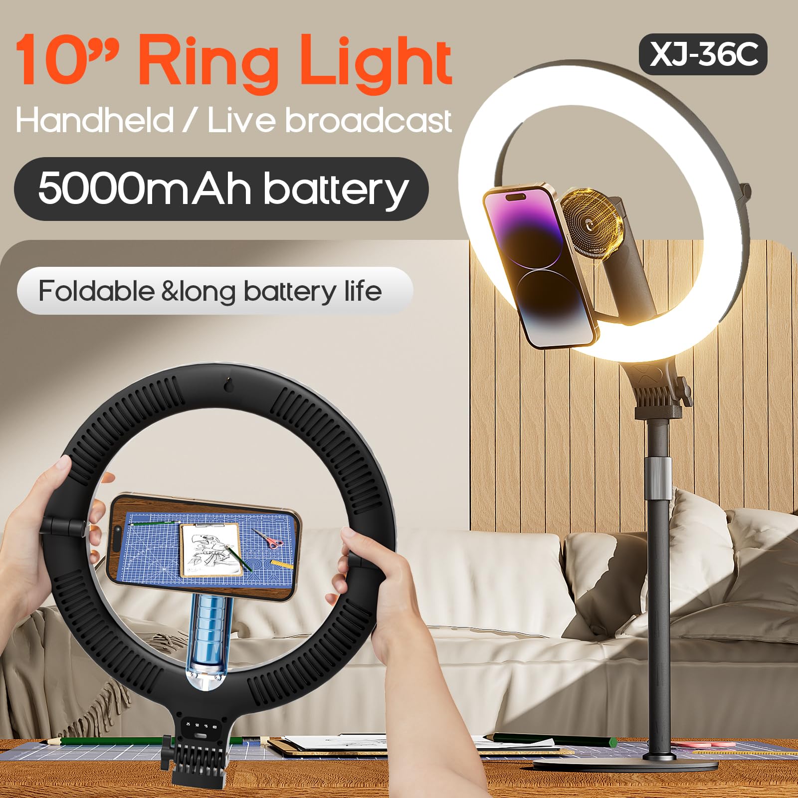 Magnetisches 10" Streaming Ringlicht,Klappbar & 360° Drehbar,10W, 120 LEDs, 5000mAh, Dimmbar Mit Memory,Für Live-Streaming, Selfie, Make-up