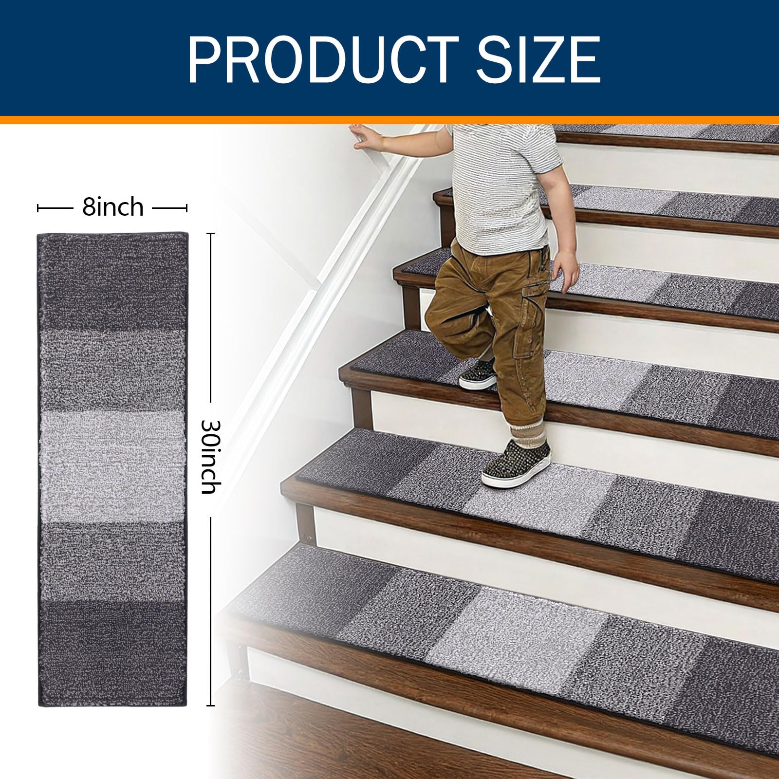 OLANLY Stair Treads Non Slip 15PCS, 8\\\" x 30\\\" Indoor Stair Runners for Wooden Steps, Edging Stair Rugs with Reusable Peel and Stick Adhesive for Kids Elders and Pets, Grey 13 Pieces 