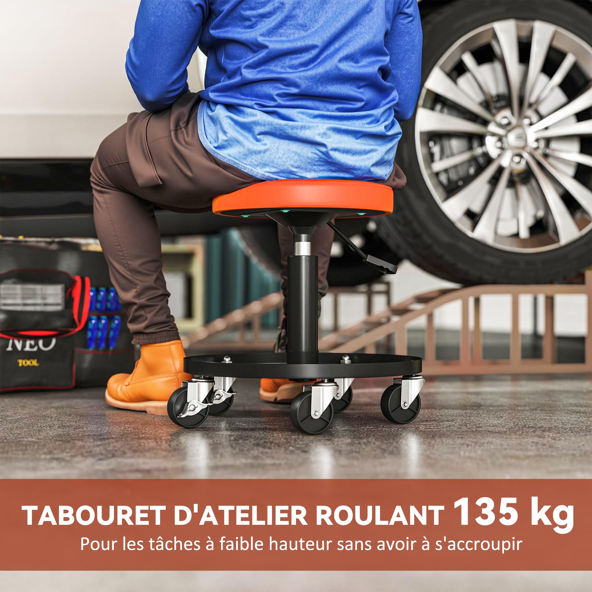HOMCOM Tabouret d'atelier 5 roulettes 360° Hauteur Réglable 38-50 cm Orange | Tabouret de Mécanicien, Plateau à Outils, Siège d'Atelier pour Garage, Charge Maximale 135 kg