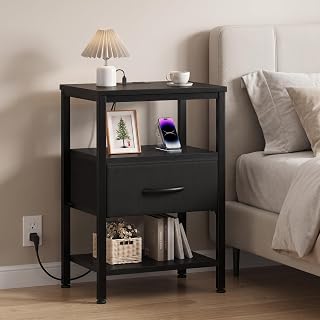 OLIXIS Nightstand with Charging Station, Beside Table with Fabric Drawer | 3-Tier End Table with 2 Storage Shelves,Night Stand with USB Ports and Outlets for Bedroom, Black