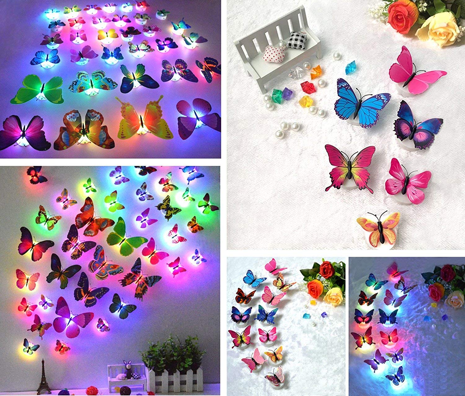 Adesivi Murali 3D Farfalle Con Luci LED - Decorazione Da Parete Per Camera Da Letto Con Illuminazione Notturna (Confezione Da 24 Pz)