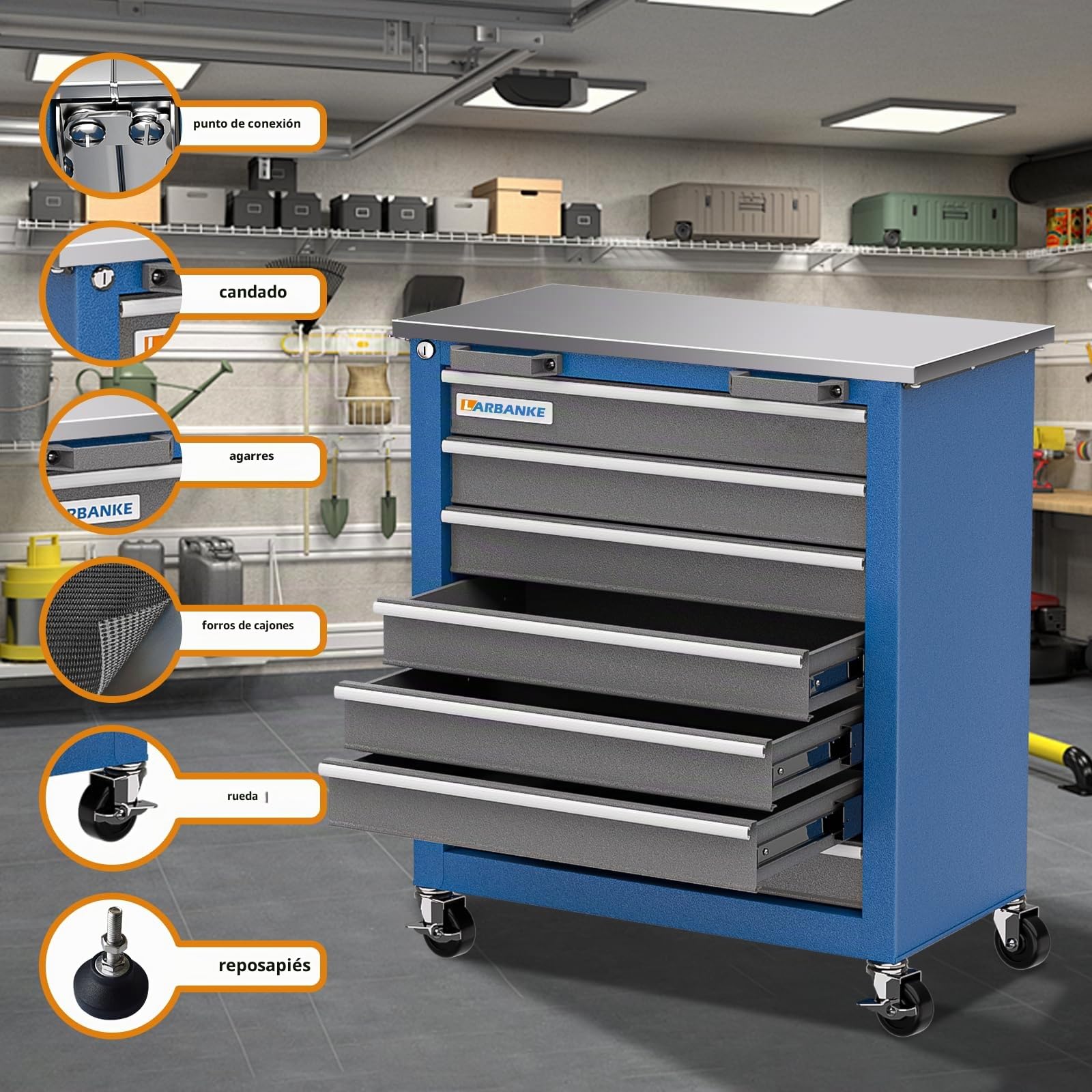 LARBANKE Caja de herramientas combinada de 12 cajones con encimera de acero inoxidable, sistema de bloqueo de llave, ruedas con freno de 360°, azul, 34.5 x 132 x 74 cm, para garaje