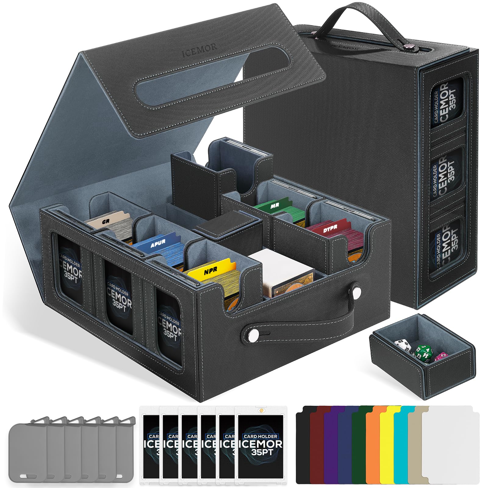 ICEMOR Trading Card Storage Box with Handle,Commander Deck Box for MTG&TCG,Includes 6 top-loading boxes,6 sealing plugs,10 coloured dividers(Black & Grey,7 IN 1)