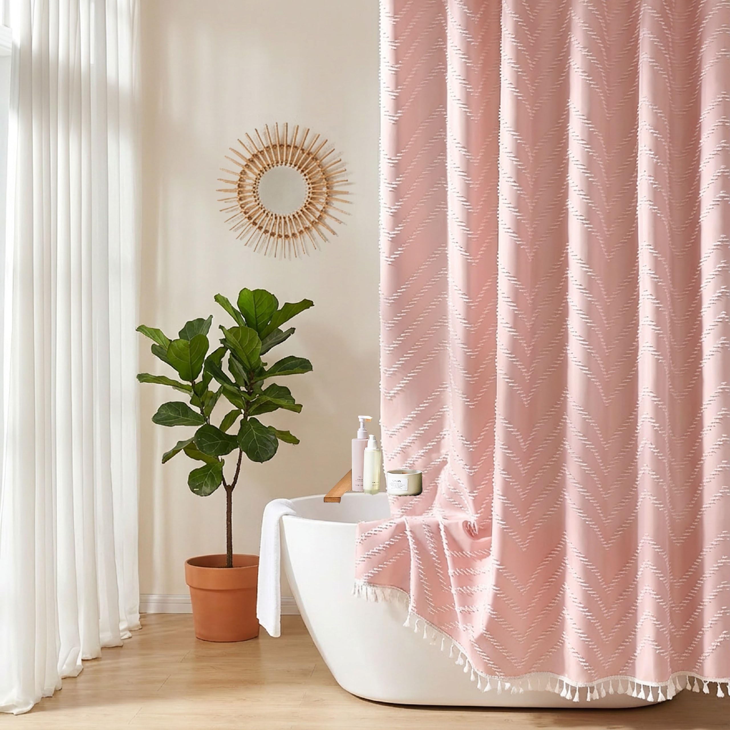 Siiluminisoy Rideau de Douche en Tissu tissé à Pampilles de Style bohème Moderne texturé touffeté à Rayures pour Salle de Bain, 183 x 183 cm, Rose