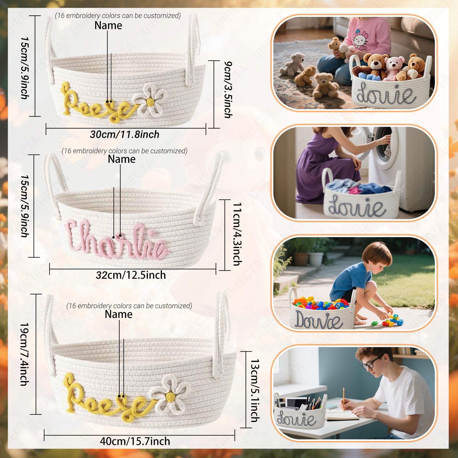 Cestino in Corda di Cotone Personalizzato, Cestino con Nome per Neonato, Contenitore per Articoli Essenziali per Cameretta, Regalo di Compleanno per Baby Shower, per Portapannolini
