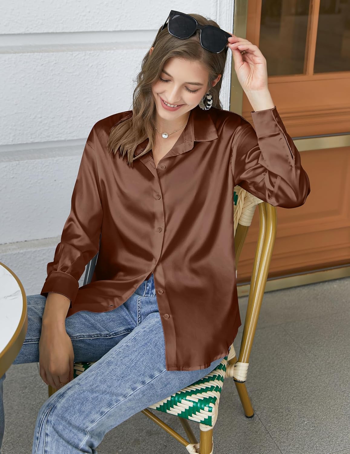 Chigant Women's Blouse Satin Silk Shirts Button Down Shirts Casual Loose Long Sleeve Office Work Tunic Tops - Image 2