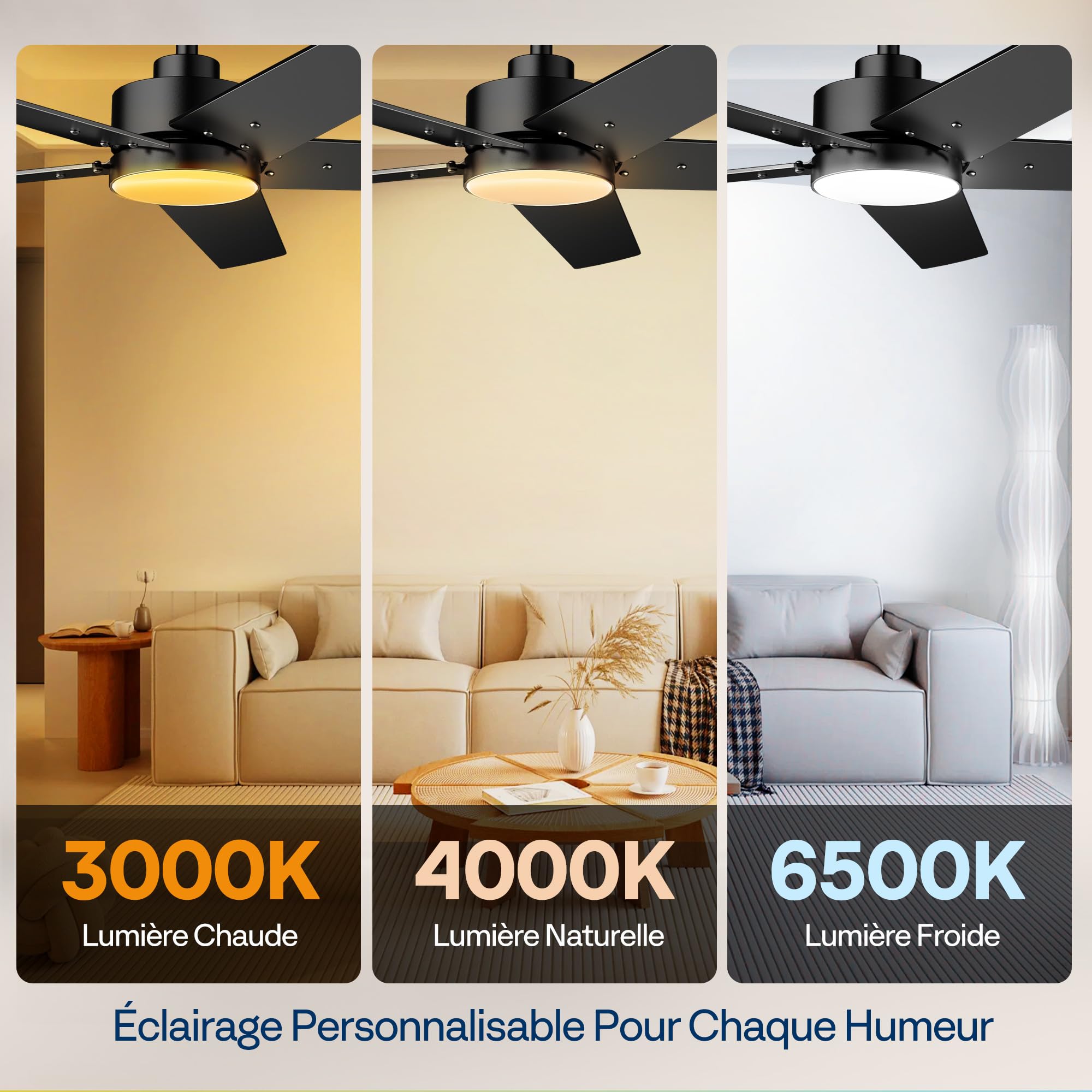VIVOHOME Ventilateur de Plafond avec Lumières 132cm 50W Lampe Intégrée, Télécommande Minuterie 6+1 Vitesses 5 Pales Silencieux Reversible Noir