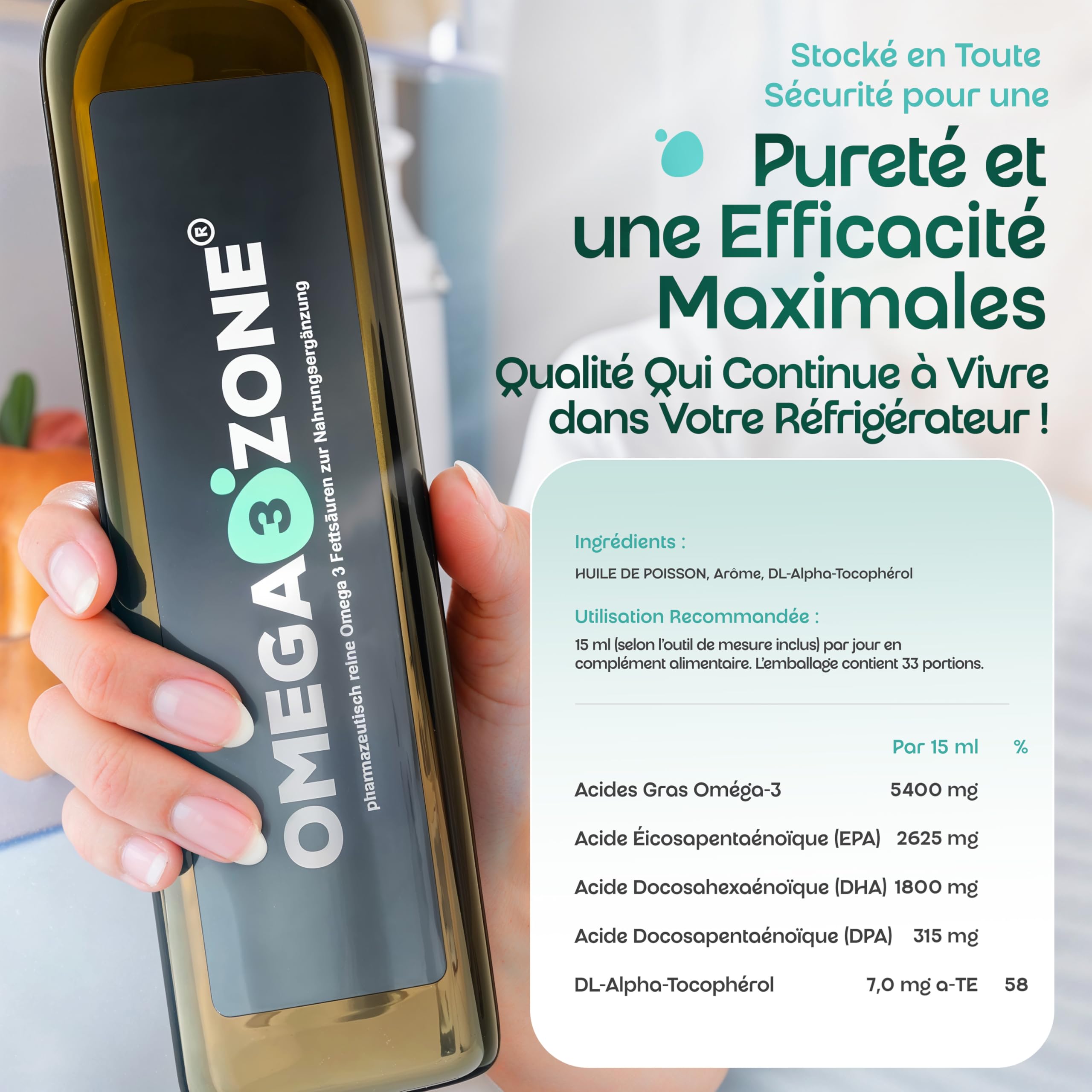 omega3zone Huile de Poisson Omega 3 à haute dose - Omega 3 avec 5400 mg par portion - Huile de poisson premium - Oméga-3 testé en laboratoire, fabriqué en Allemagne - 500 ml (500ml, Citron-Gingembre)