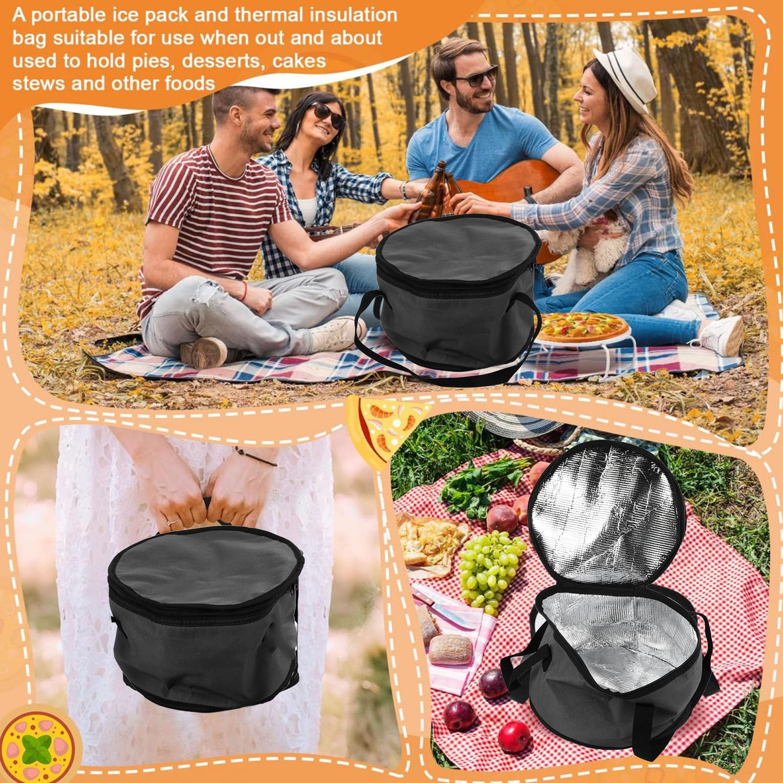 Agatige Round Insulated Casserole Carrier, 11x7in Oxford Cloth Reusable Thermal Bag Cake Cooler for Travel Pizza Delivery Bag for Parties Picnic (Gray)