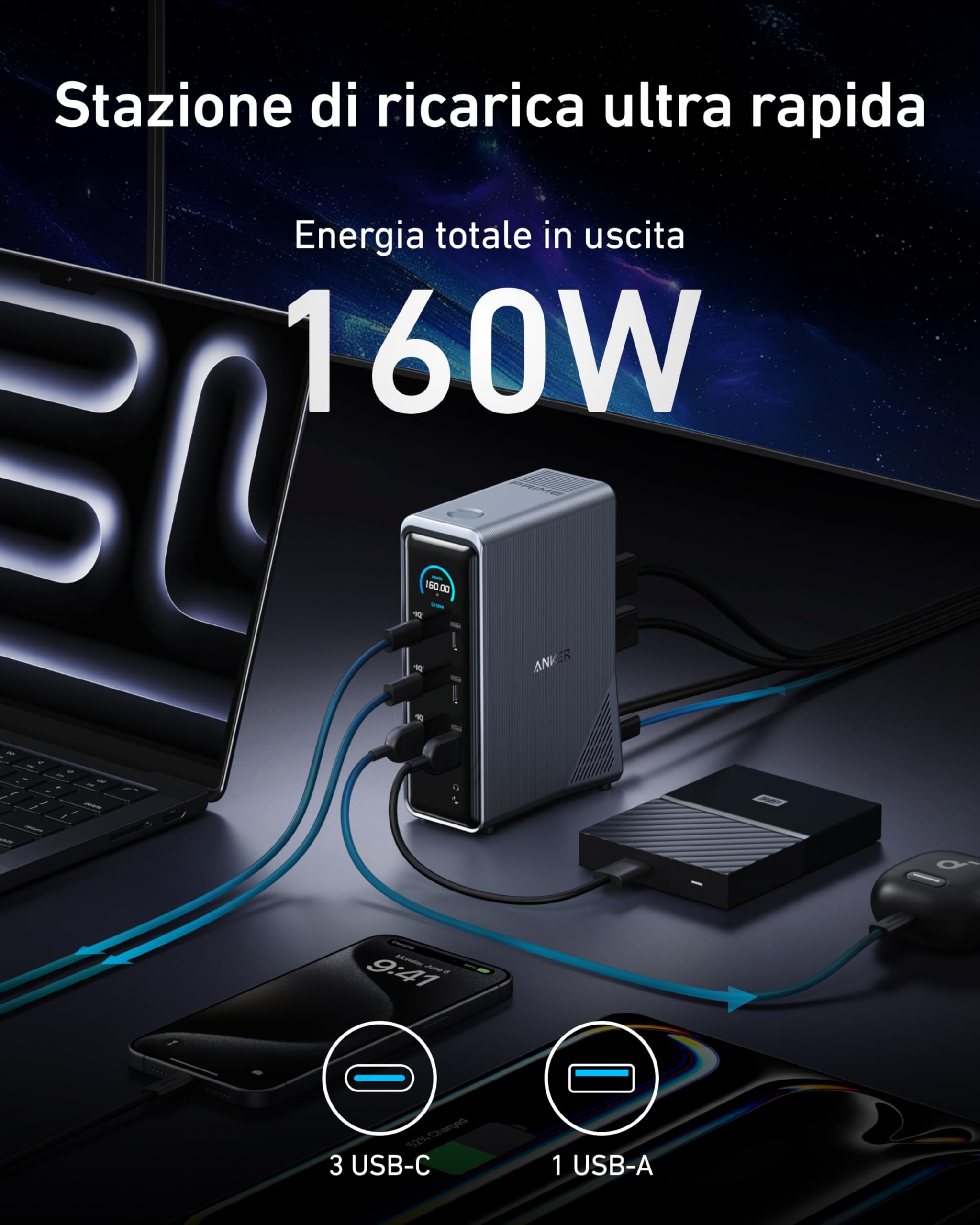 Anker Prime Docking Station 14 in 1 160W, Stazione di Ricarica 160W, Trasferimento Dati Rapido 10Gbps, Display Intelligente, Porte Audio Ethernet, Doppio Monitor 4K, per MacBook, Dell, e Altro