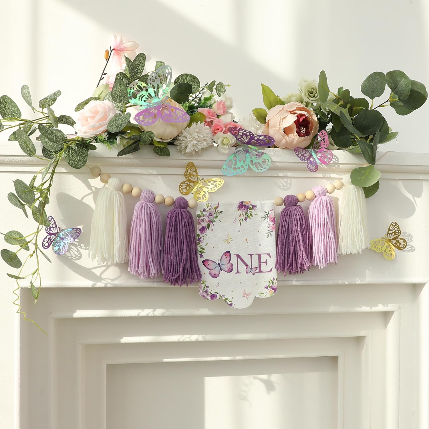 Handmade Butterfly 1st Birthday High Chair Banner Purple Party Decoration For Girls Boys Wall Hangings Decorative