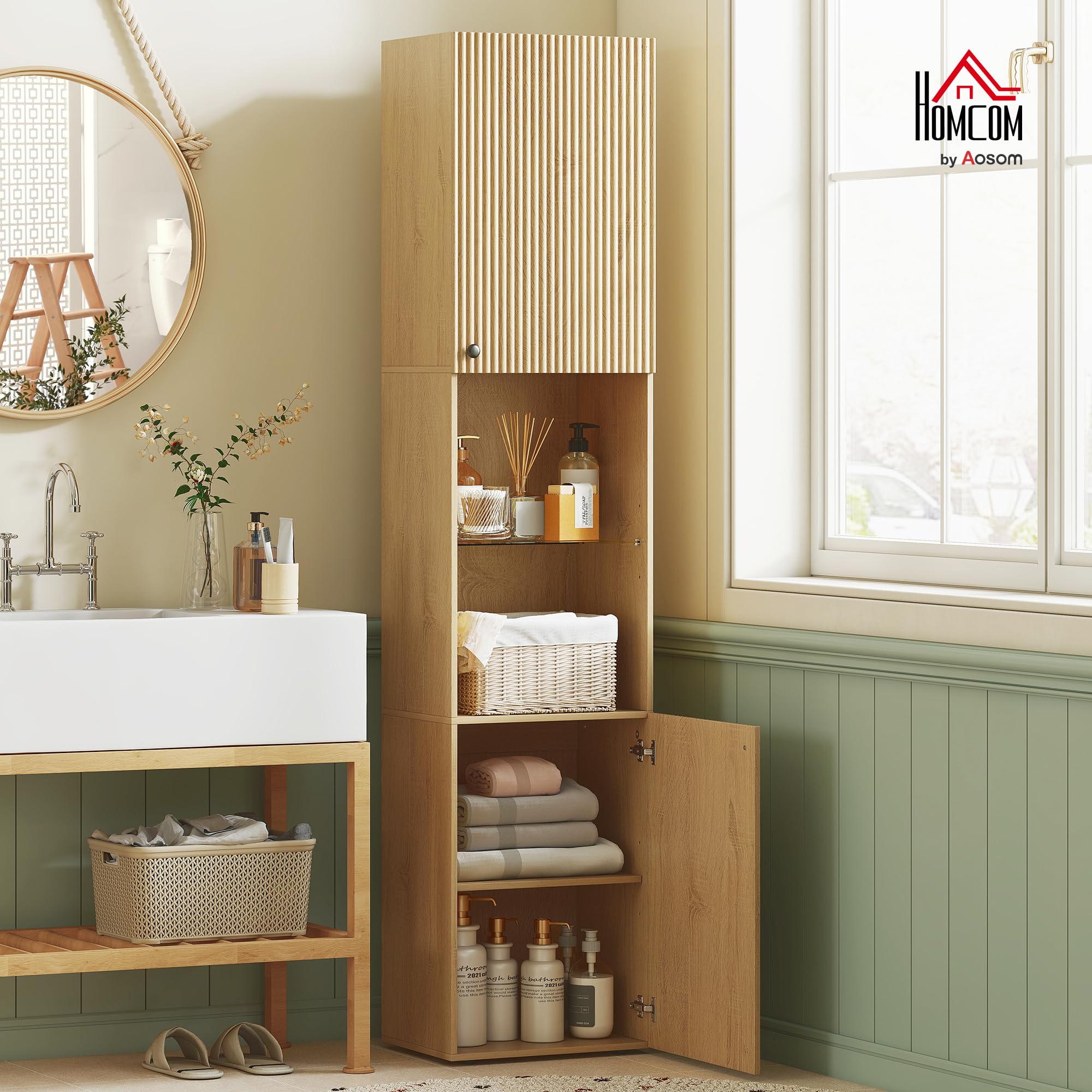 HOMCOM Meuble Colonne Salle de Bain, Meuble de Rangement étroit 6 Niveaux, 2 Portes, Compartiments Ouverts, étagère Verre trempé, étagères réglables, pour Toilette, Petits espaces, 40x31x182cm, chêne