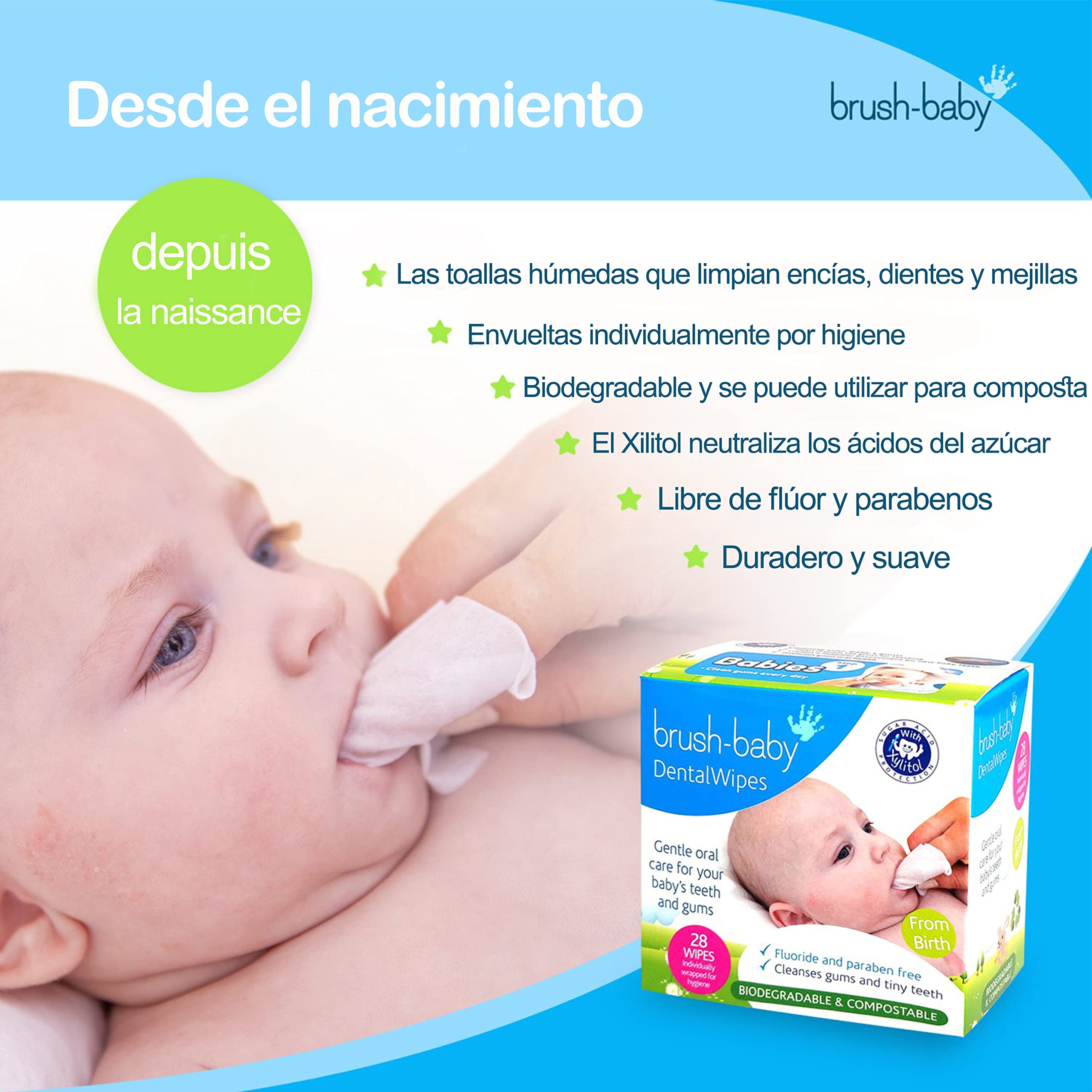 Brush-Baby Toallitas dentales para bebés | Nacimiento etapa 1 – Primeros dientes | Apto de 0 a 16 meses | Toallitas suaves para limpiar suavemente la boca, las encías y la lengua de tu bebé, 1 paquete de 28 toallitas envueltas individualmente
