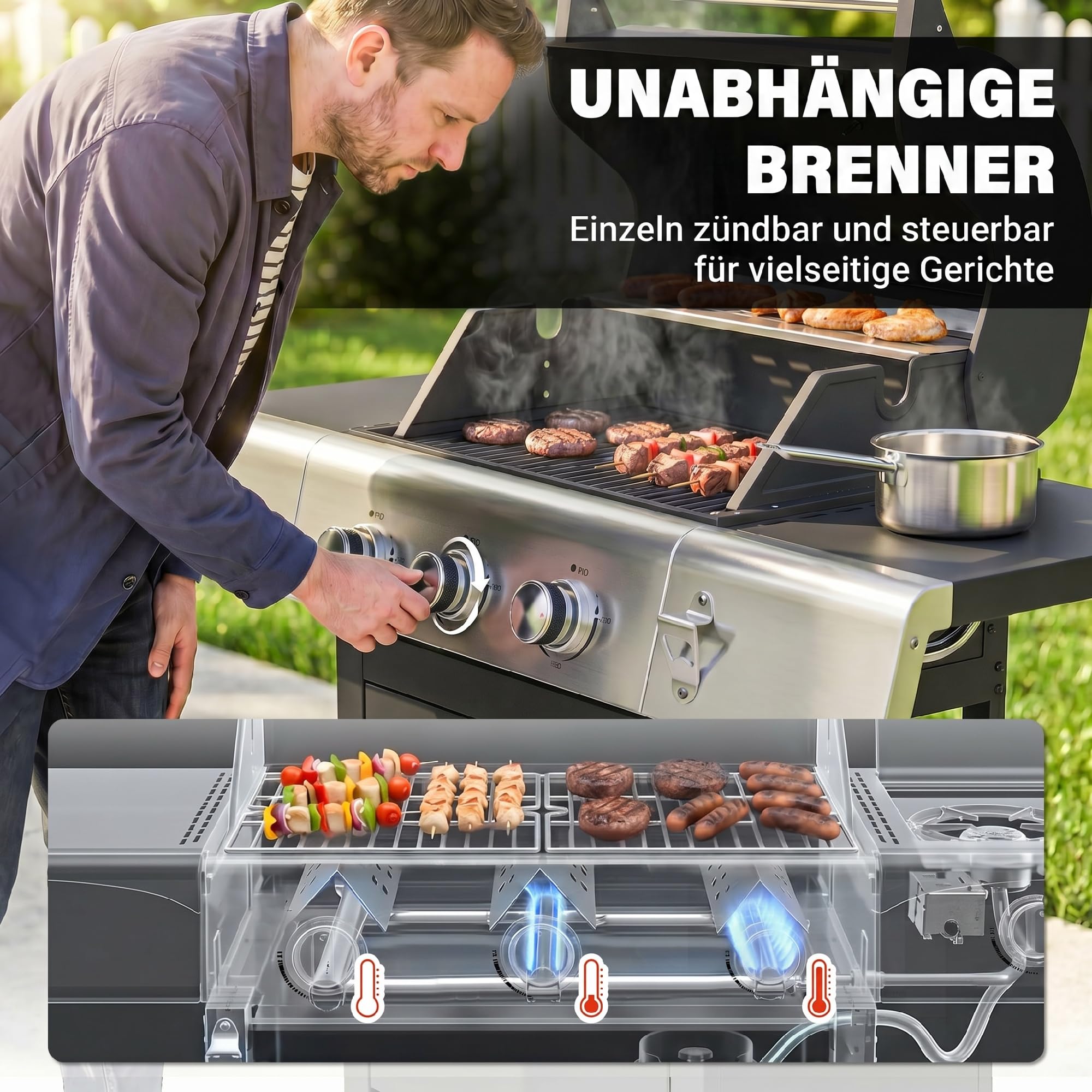 Outsunny Barbacoa de Gas BBQ Gas con 3 Quemadores 8,1 kW Barbacoa Portátil con Termómetro Mesas Laterales Armario Rejilla Calentadora Parrillas de Hierro Fundido Recogedor Grasa y 4 Ruedas Negro