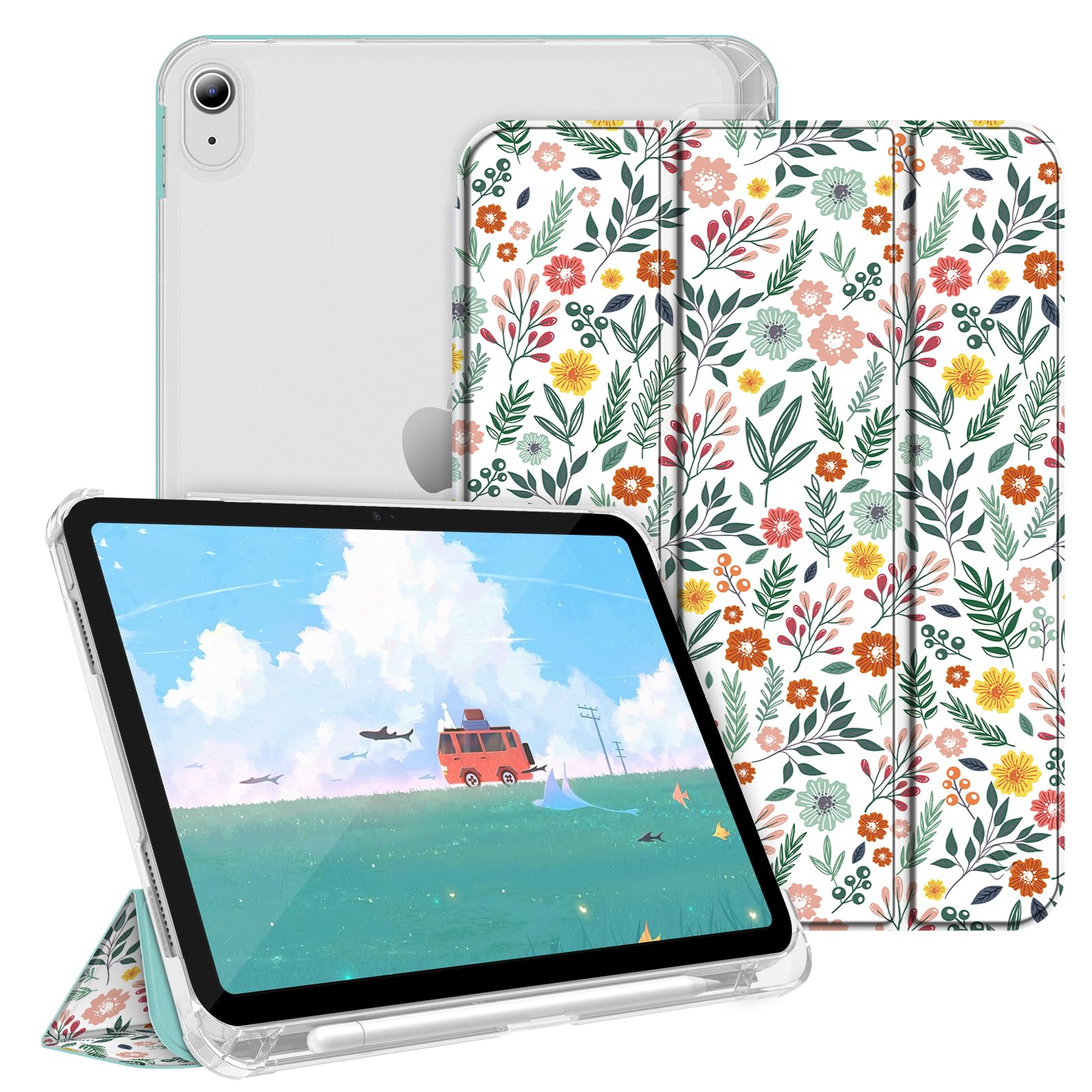 Fintie Hülle für iPad A16 11. Generation 11 Zoll 2025 & iPad 10. Generation 10,9 Zoll 2022 mit Stifthalter – ultradünne, leichte Schutzhülle mit Hart-PC, Transparente Rückseite, Frühlingblume