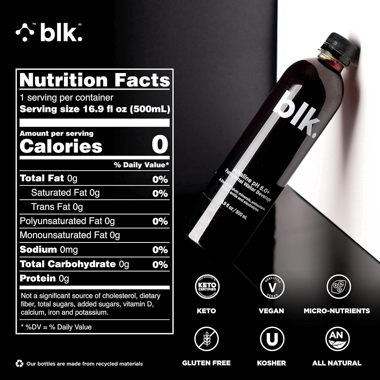 blk. Natural Mineral Alkaline Water, Bioavailable Fulvic & Humic Acid Extract, Trace Minerals, Electrolytes, to Hydrate, Repair, and Restore Cells & Essential Minerals, 16.9oz 12pk : Mineral Drinking Water : Health & Household