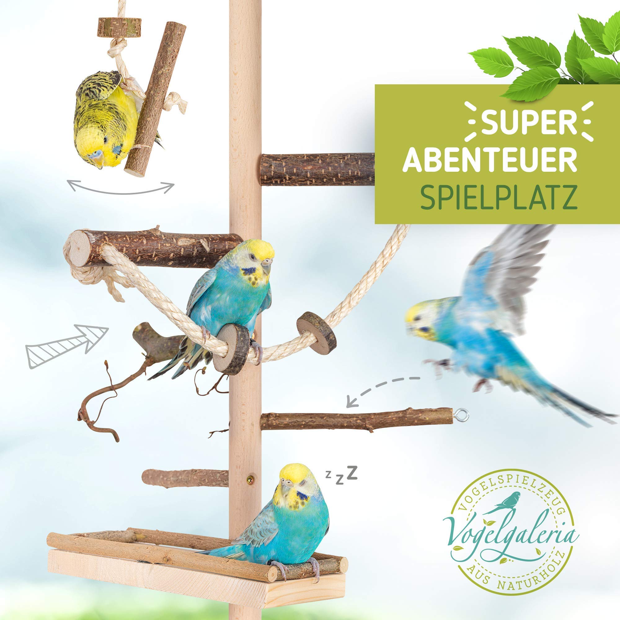 Vogelgaleria® Zimmerhoher Vogel-Kletterbaum 250-252 cm HiFly Medio mit Naturholz-Sitzstangen, Vogelspielzeug Vogelschaukel Vogelspielplatz Freisitz Freiflug Landeplatz für Wellensittich Nymphensittich