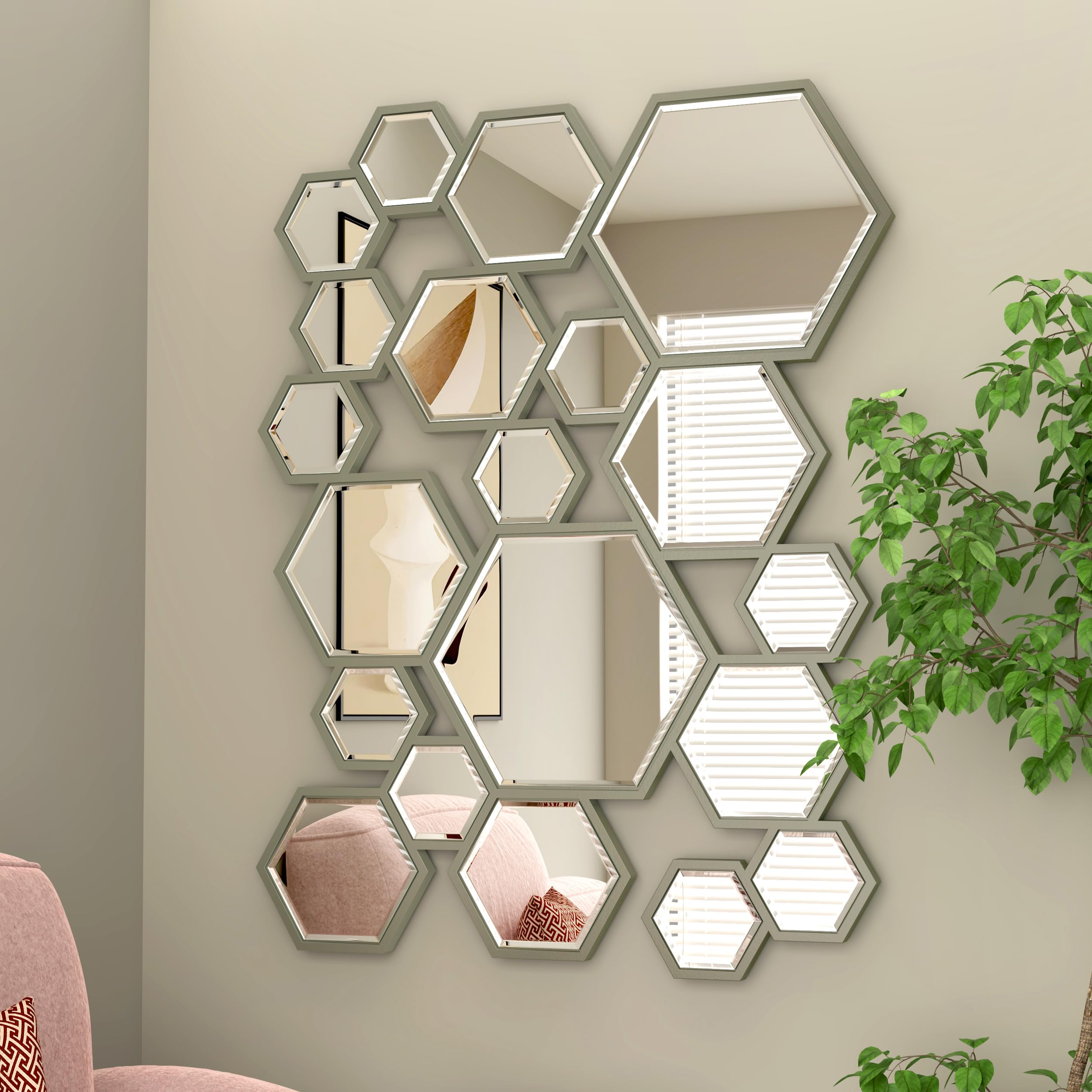 KOHORS Modern Hexagon Wooden Framed Wall Mirror for Living Room,Bedroom,Entryways,Home Decor(W 31.4" x H 23.6" Honey Comb)