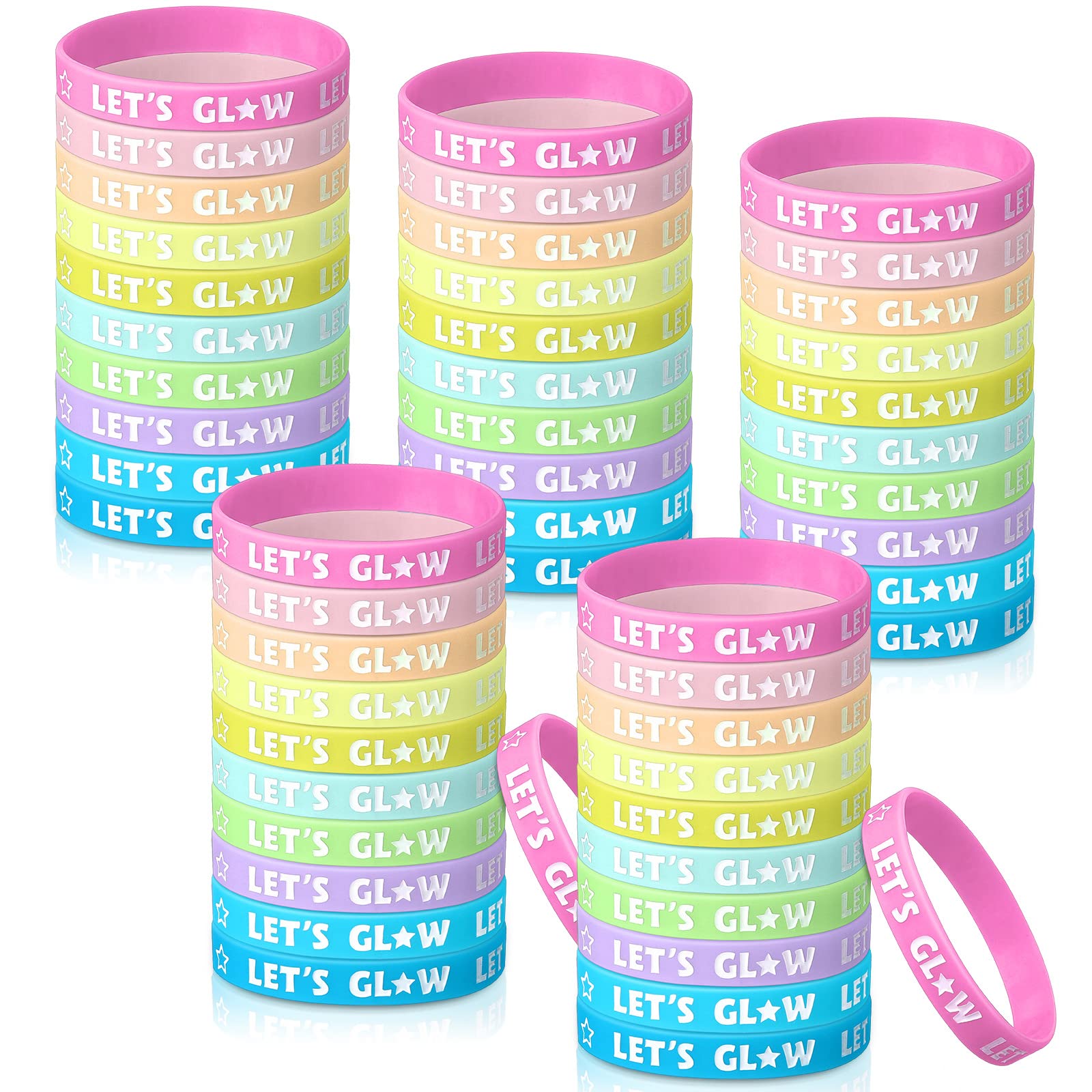 Karenhi 100 Pcs Glow in the Dark Bracelets Neon Party Favors Let's Glow Silicone Bracelet Crazy Bracelet Light up Wristbands for Neon Party Concerts Sports Parties Night Favors, 10 Styles