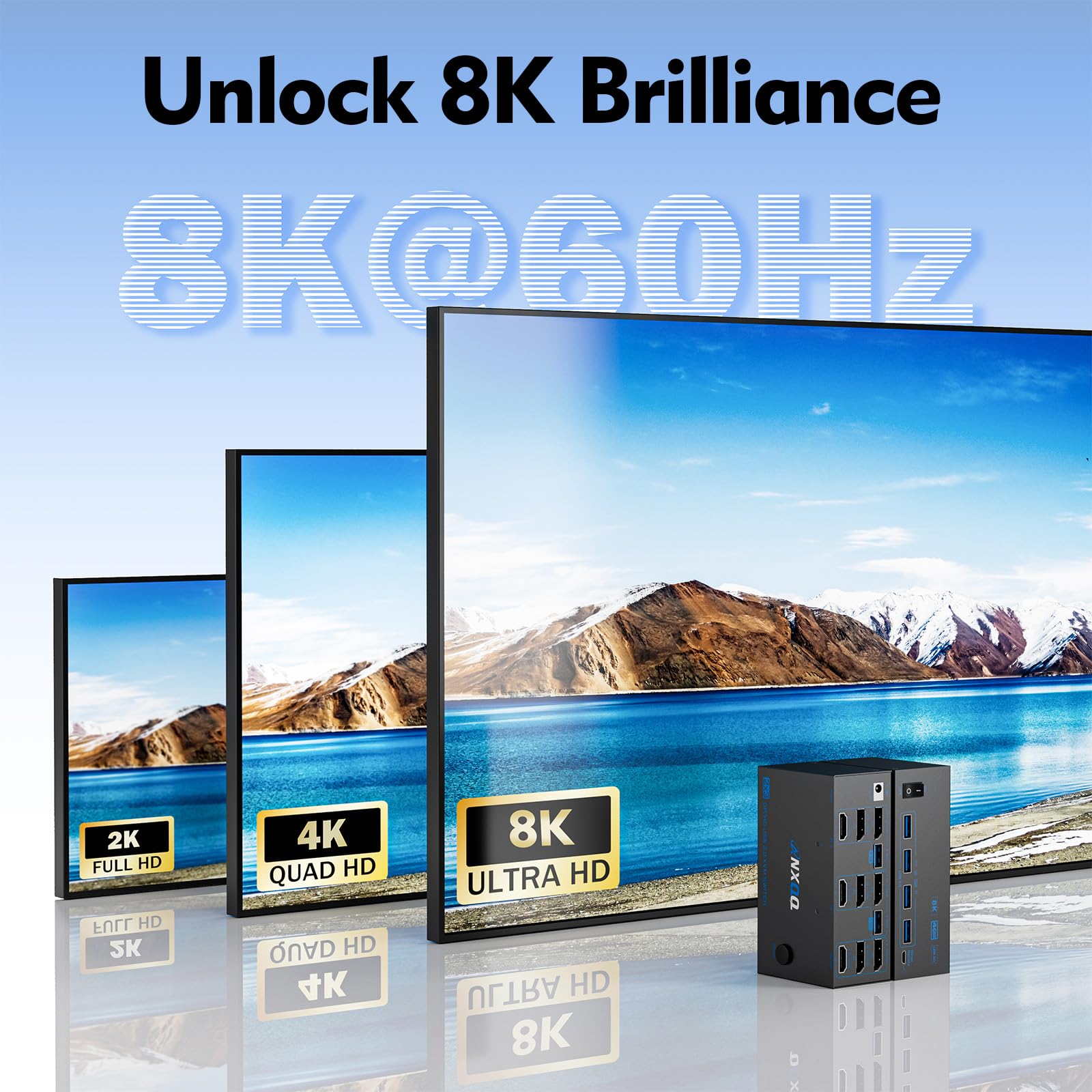 KVM Switch, Reyoten 8K HDMI DP Switch, 3 Monitors 2 PCs KVM Switches with 2 USB3.0 Ports, 4K hub Switch for 2 PCs Share Monitor Keyboard Mouse Printer with 2 USB Cables, Power Adapter, Controller