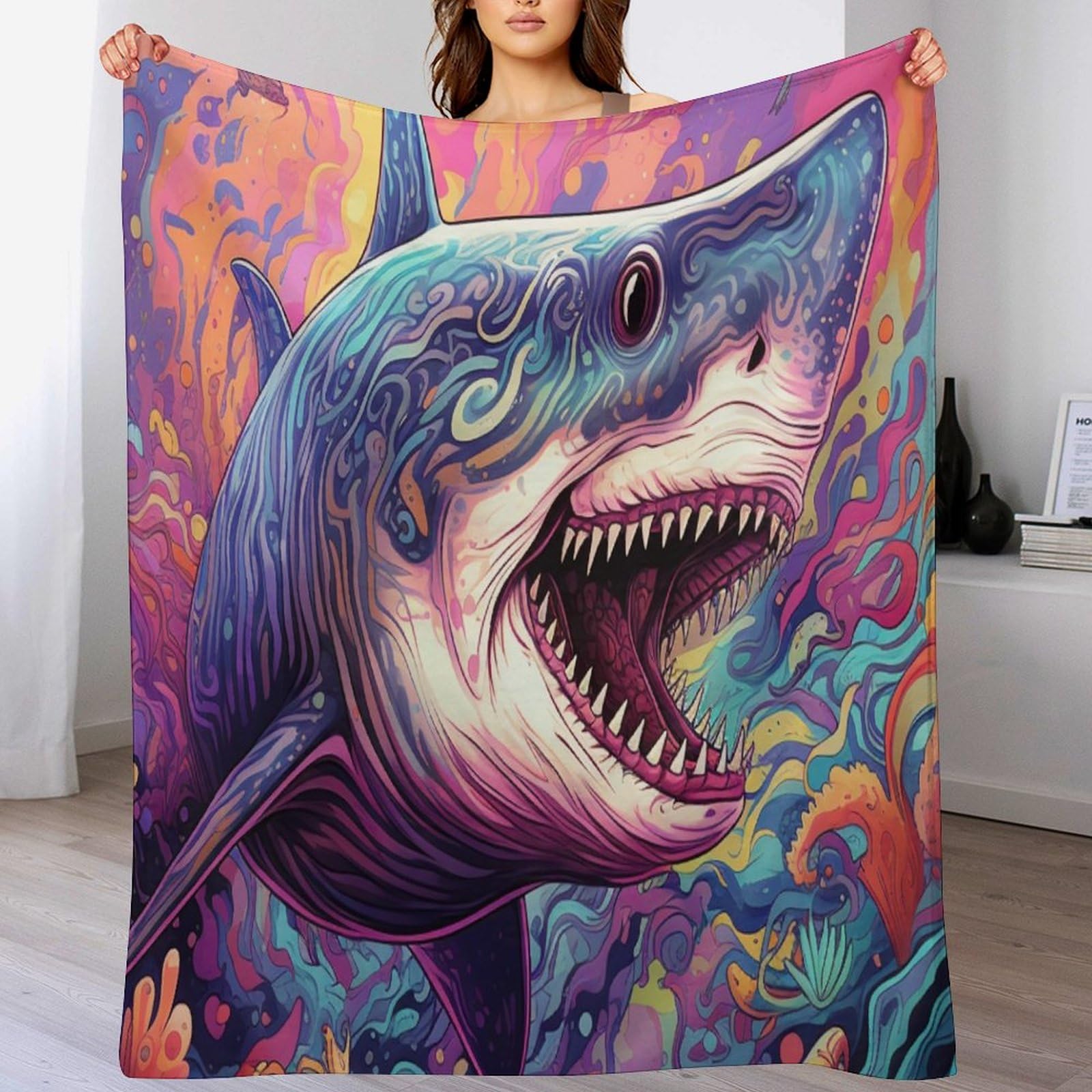 Couverture requin en flannel polaire douce pour lit et canapé 100x130cm