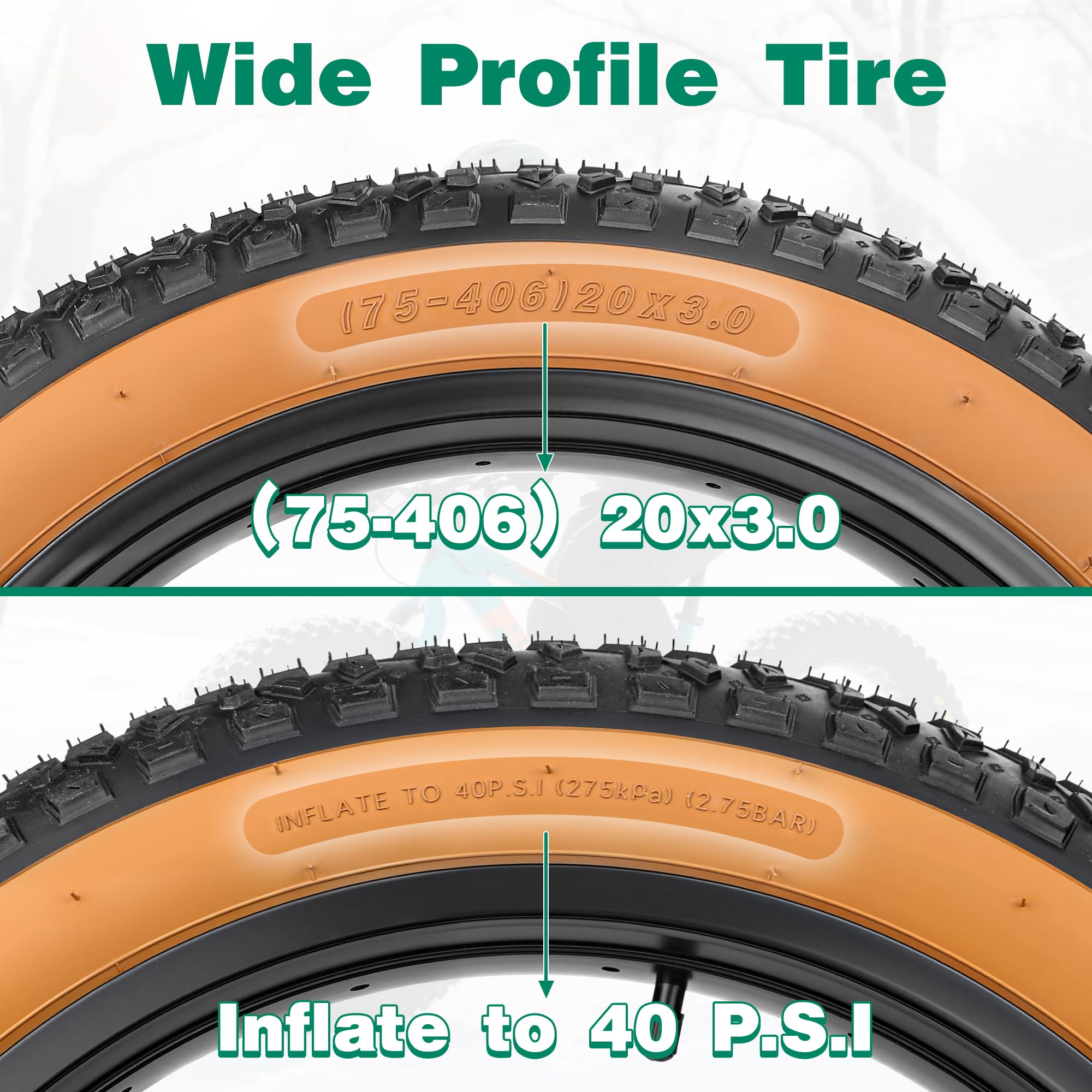 GRELiving 76-406 E-bike banden 20 x 3,0 inch Fat Bike Tire fietsjas 40PSI 3.0 fietsbanden e-bike/mountainbike/sneeuwbike (2 x banden 2 x slang 2 x bandenhendel, 20 x 3,0