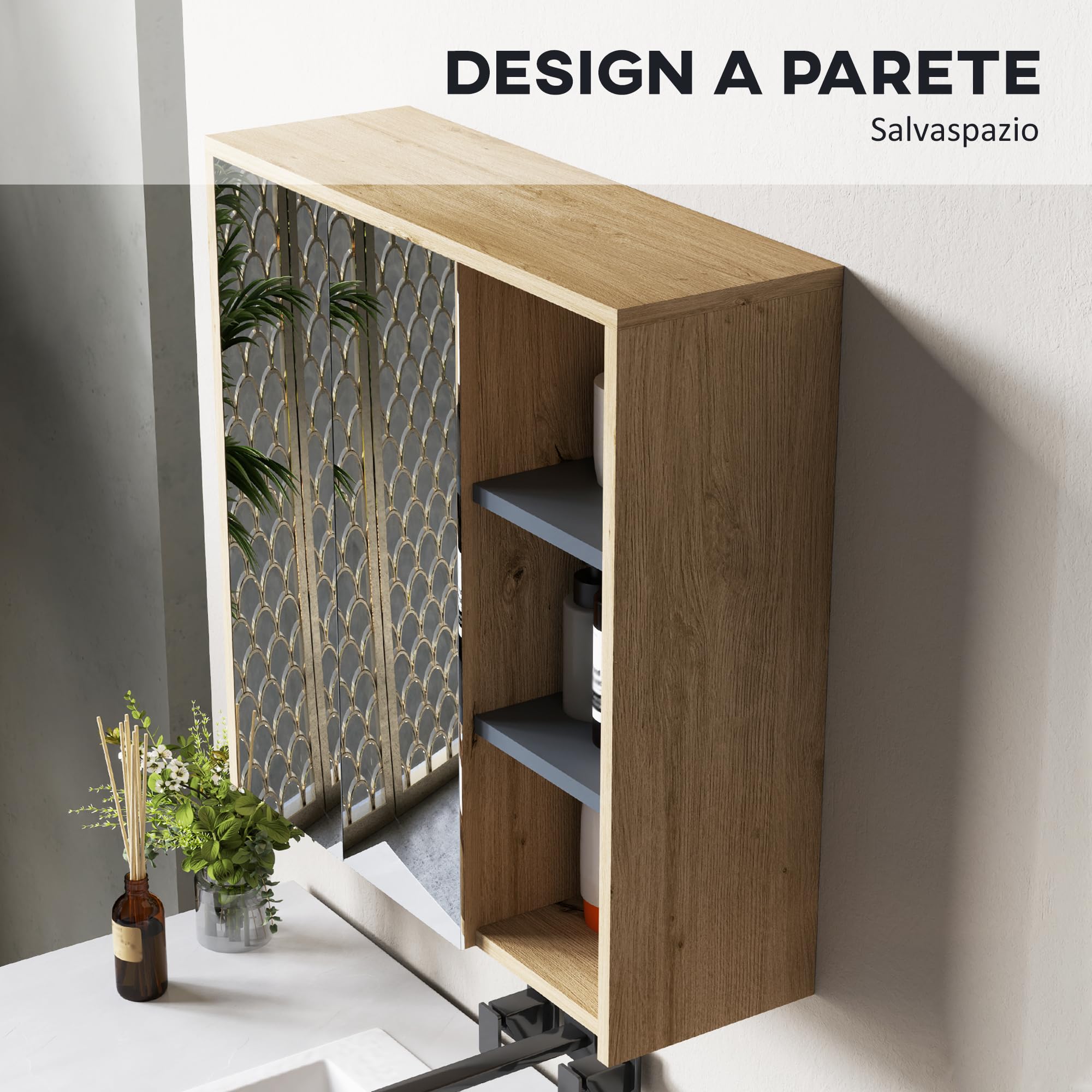 HOMCOM Specchio Bagno Contenitore con 2 Ante Vetro 60x20x60 cm Naturale | Mobile con Specchio, Scomparto Aperto, Mobiletto da Parete Salvaspazio, Specchiera Bagno