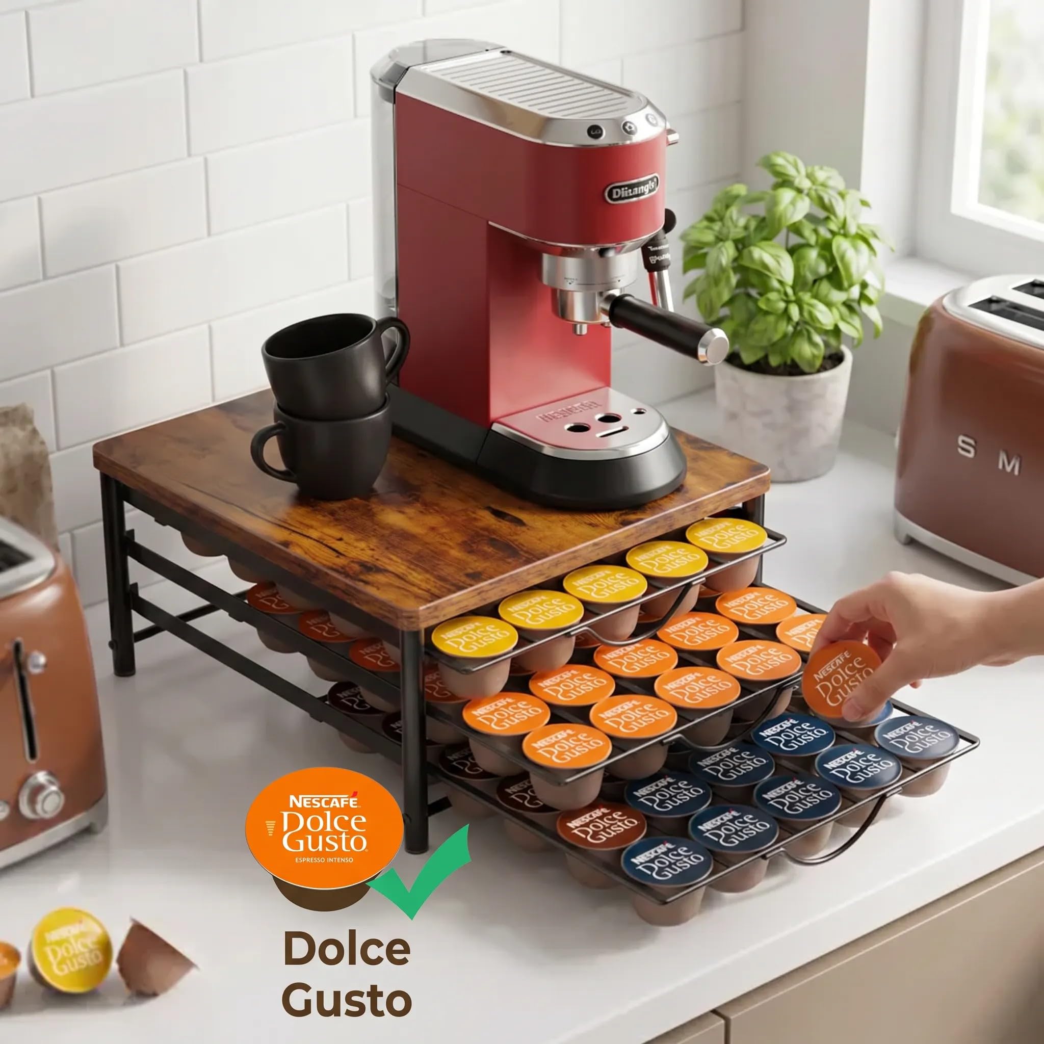 Uchwyt na kapsułki do Dolce Gusto 90 kapsułek kawy, 3 cicha metalowa szuflada na kapsułki z brązowym blatem z drewna i antypoślizgowymi nóżkami, nadaje się do dyni i biura