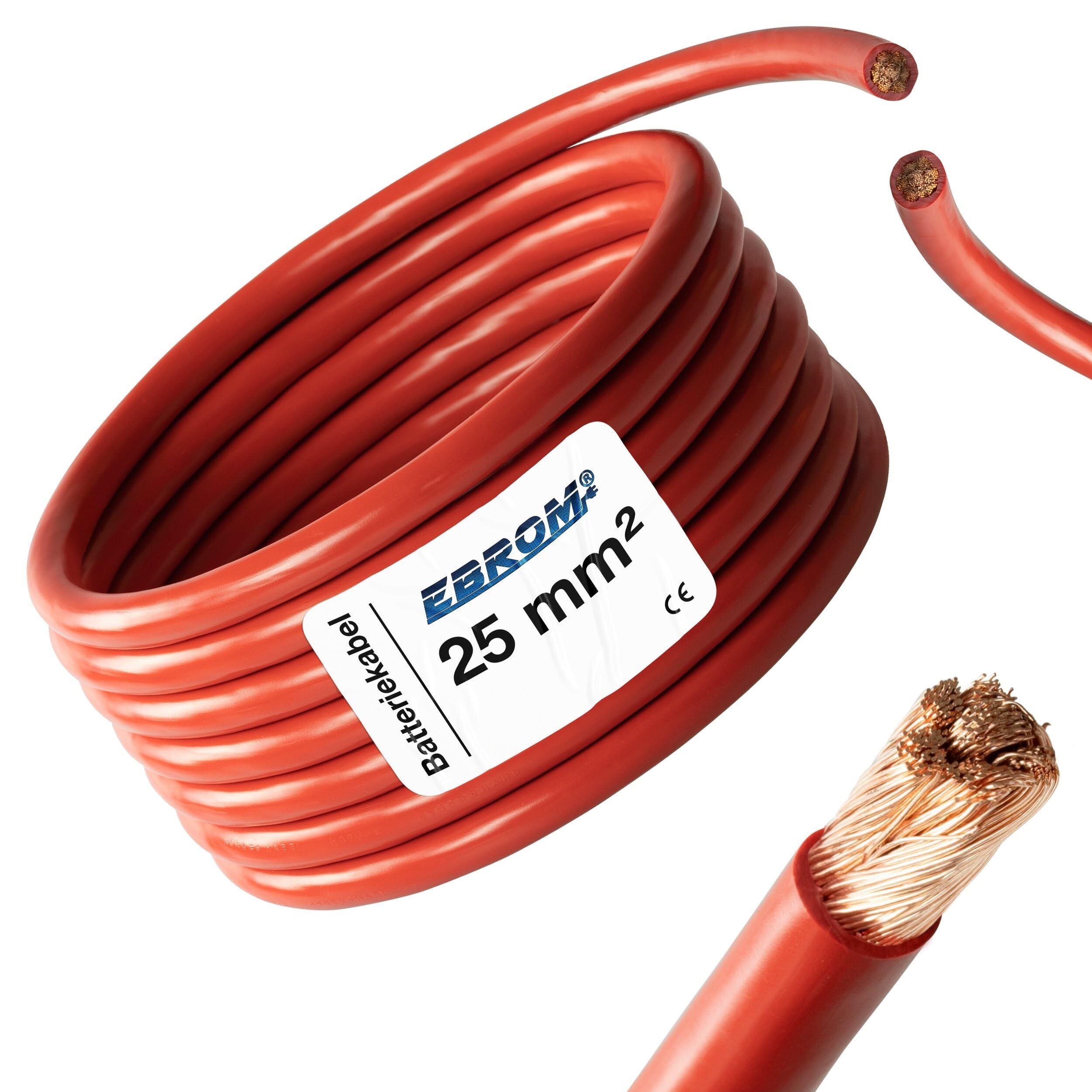 EBROM Cable de batería de 5 metros rojo H07V-K 25 mm² - Cable de batería de coche - 100% cobre OFC - 5 m (5 m) 25 mm2