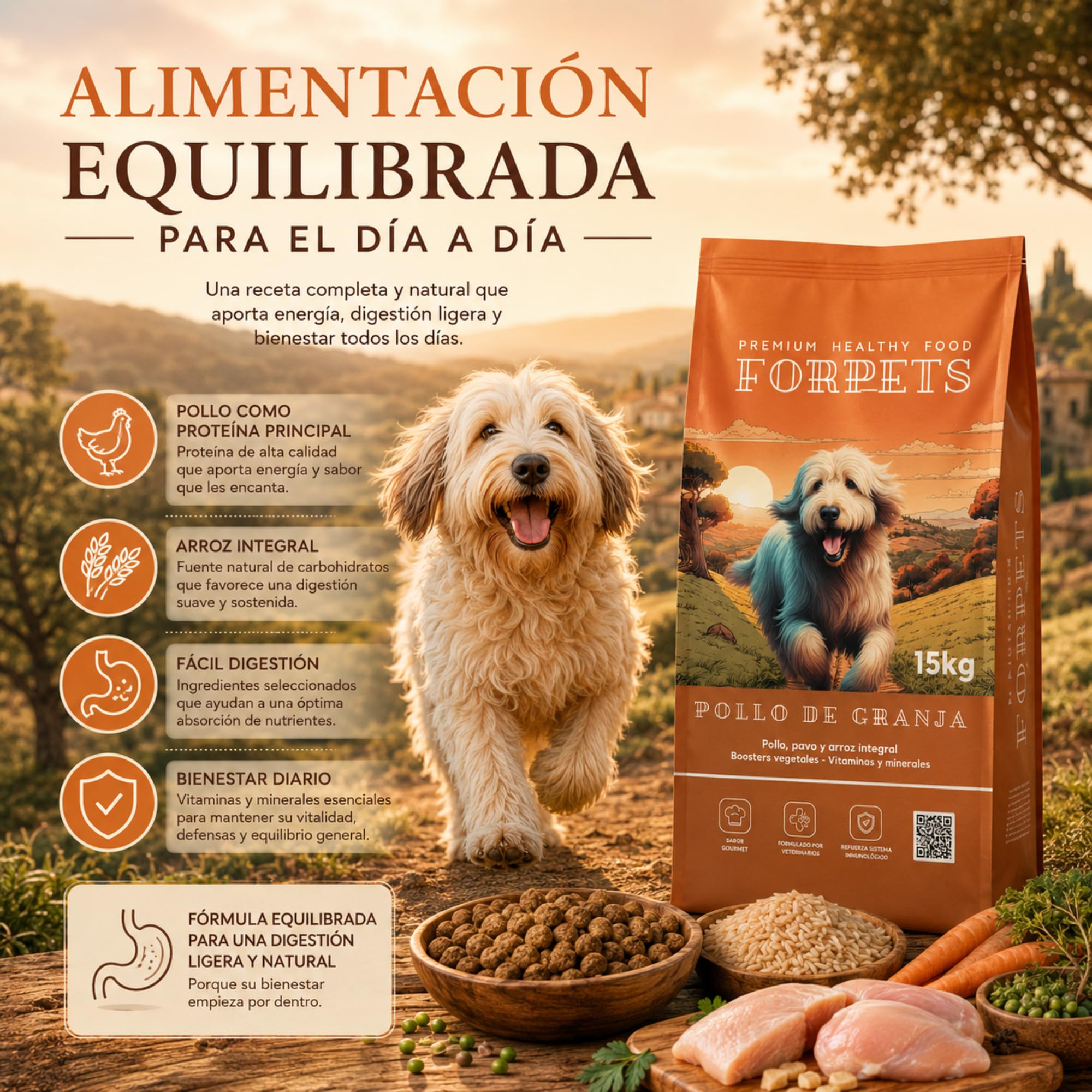 Pienso para Perros Adultos con Pollo y Pavo 15 kg | Digestión Sensible con Arroz Integral y Prebióticos | Sin Gluten, Alto en Proteína | Razas Medianas y Grandes | FORPETS