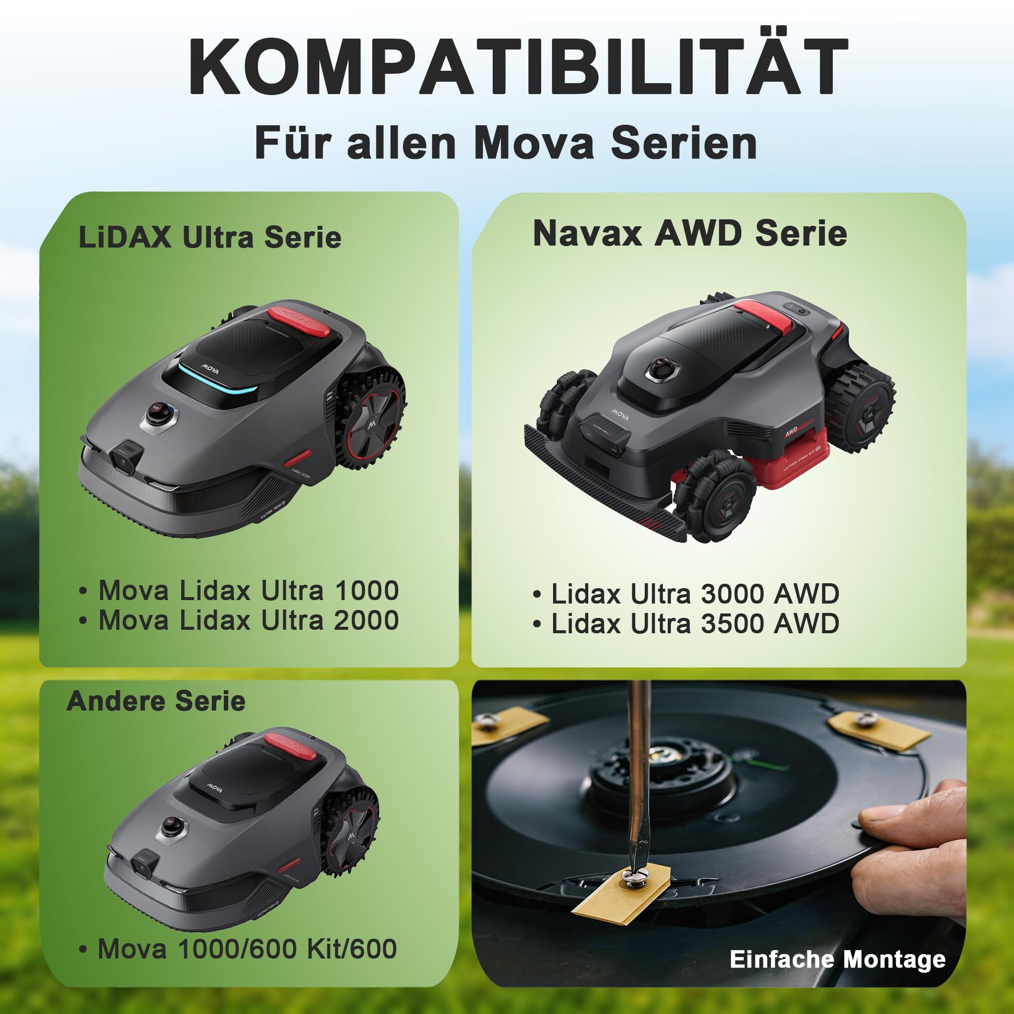 12-częściowy zestaw tytanowych noży tnących do MOVA 600/1000 LiDAX Ultra Navax AWD | Robot koszący trawnik, z 12 śrubami, certyfikat DIN, ostry, nierdzewny i cichy, w zestawie pudełko do przechowywania