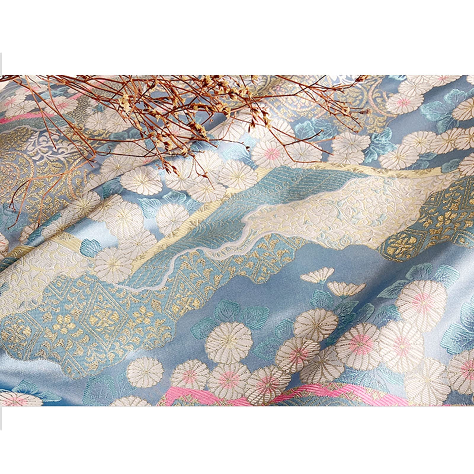 Brokatowa satynowa tkanina kwiatowa do samodzielnego szycia, elegancka jasnoniebieska piękna biała tkana złoty pas kwiatowy roślina ręczna 150X50cm