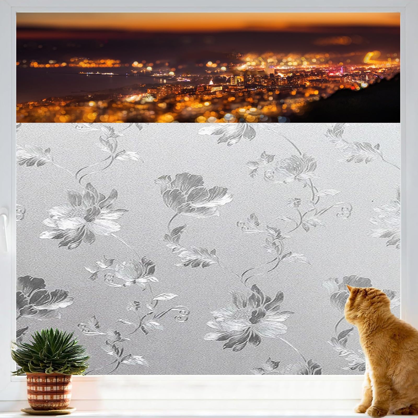 Fensterfolie Verdunkelungsfolie 100 x 350 cm Statisch Haftend Anti-Uv Kein Kleber Wiederverwendbar Blickdicht Sichtschutzfolie für Fenster Innen & Außen, Phönixblume