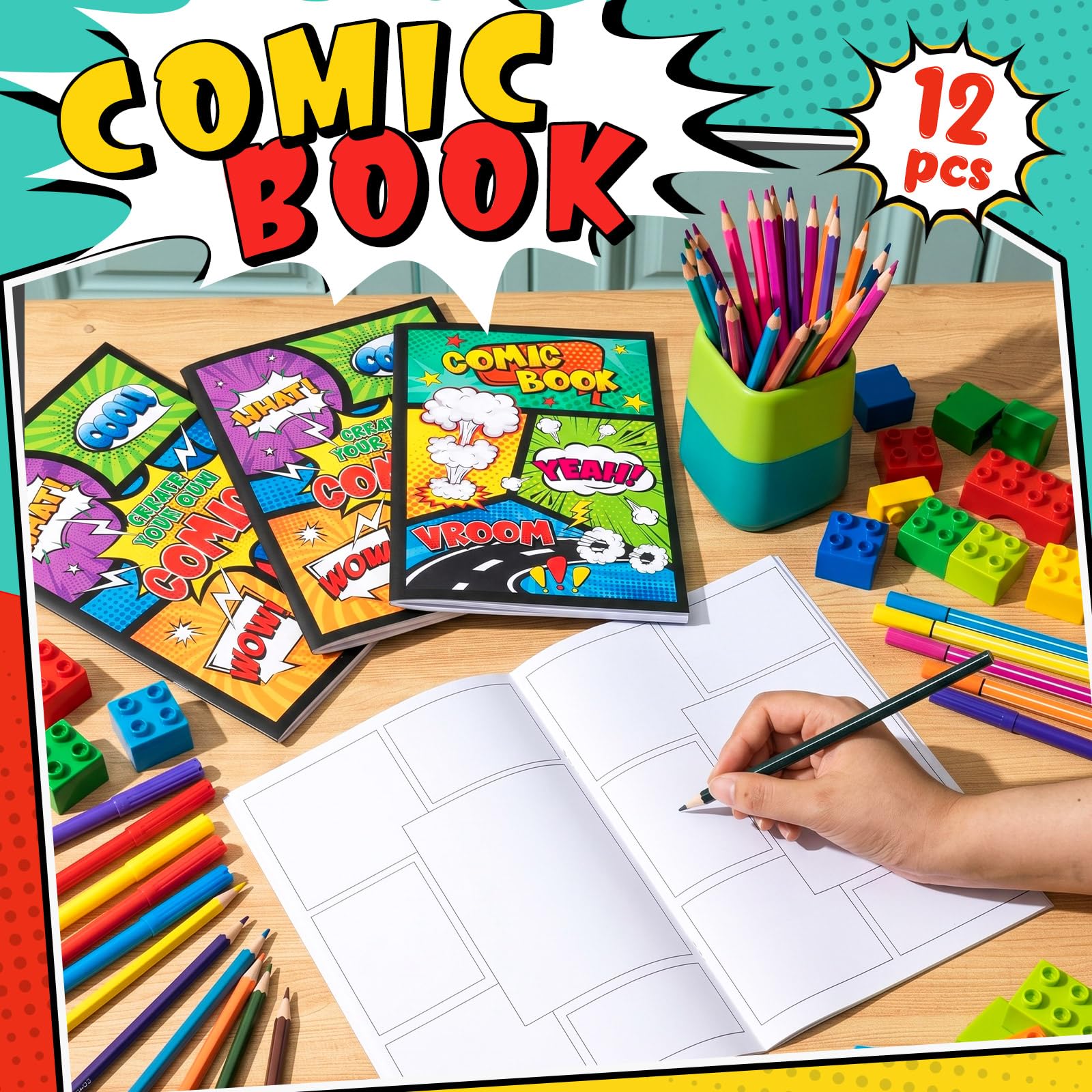 Harloon Lot de 12 bandes dessinées de 16,7 x 25,4 cm pour enfants, couverture aux couleurs vives, 24 pages vierges, dessinez votre propre livre d'histoires, cadeau créatif pour dessin artistique