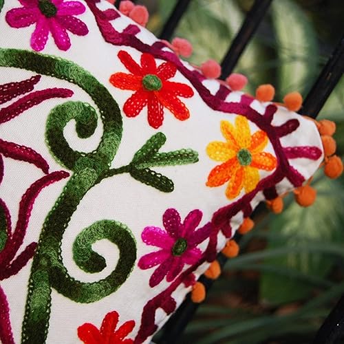 Miniatura 2 de Funda de almohada bohemia Suzani bordada de 16 x 16 pulgadas, funda de almohada decorativa, cojines indios con pompones para exteriores, fundas de