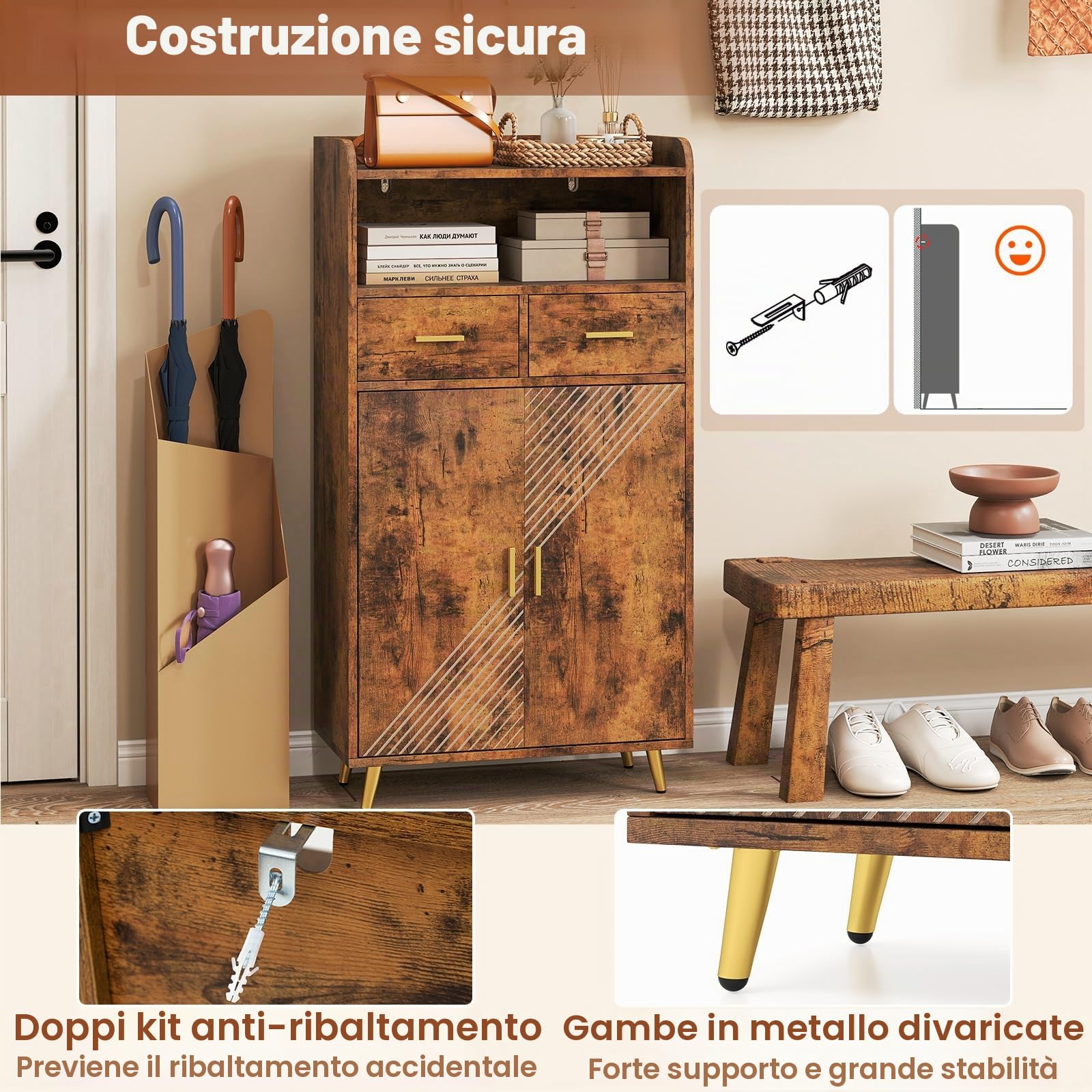 GIANTEX Credenza Cucina, Piano Superiore con Bordo Anticaduta, Scomparto Aperto, 2 Cassetti e Armadietto a Doppia Anta, Mobile Moderno con 2 Antiribaltamento per Soggiorno e Ingresso (Marrone)