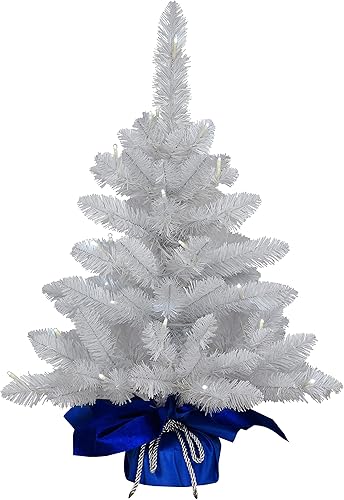 Puleo International Árbol de Navidad artificial preiluminado de 2 pies con 35 luces en saco azul, blanco